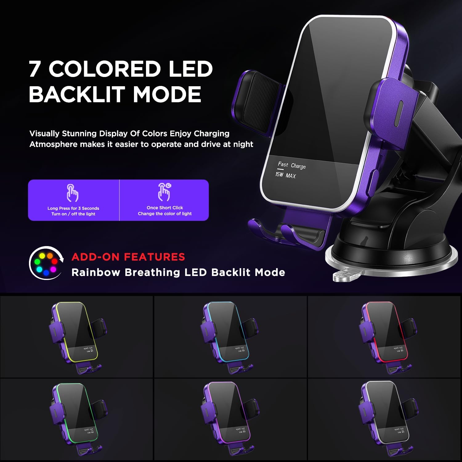 Cargador de coche inalámbrico, retroiluminación RGB de 7 colores soporte de teléfono para iPhone 15 14 13 12 Mini Pro Max 11 XR, Samsung Galaxy S24