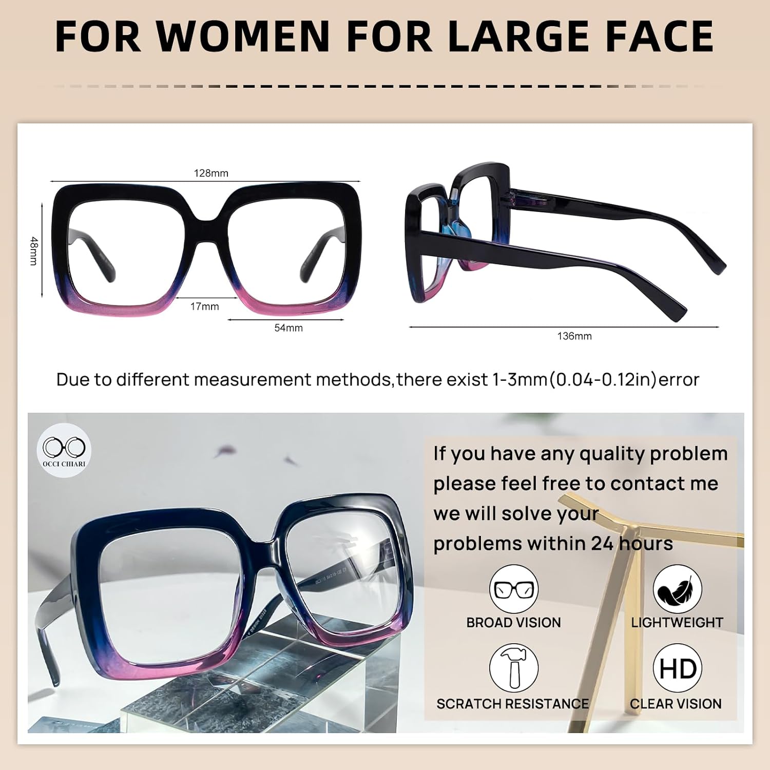 OCCI CHIARI Lentes de lectura grandes azules para mujer, lectores nerd 1.75x(1.0 1.25 1.5 1.75 2.0 2.25 2.5 2.75 3.0 3.5 4.0 5.0 6.0)