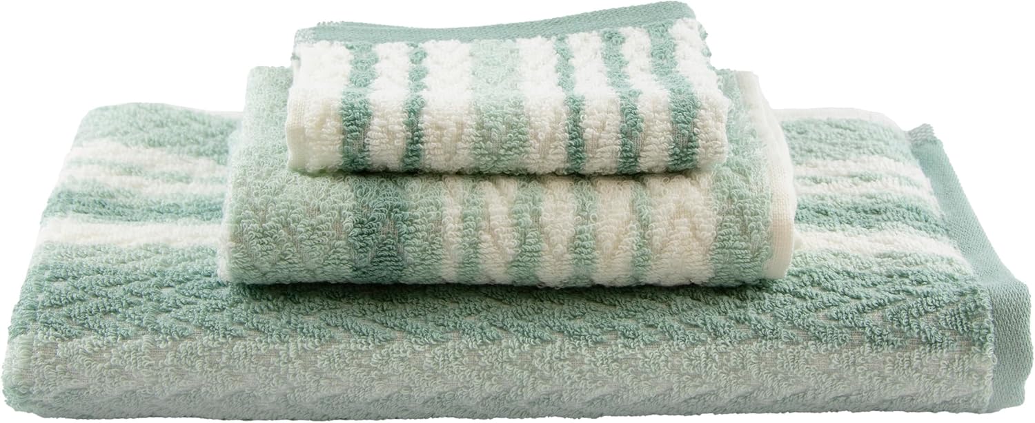 Juego de toallas de baño de tres piezas jacquard verde y blanco a rayas