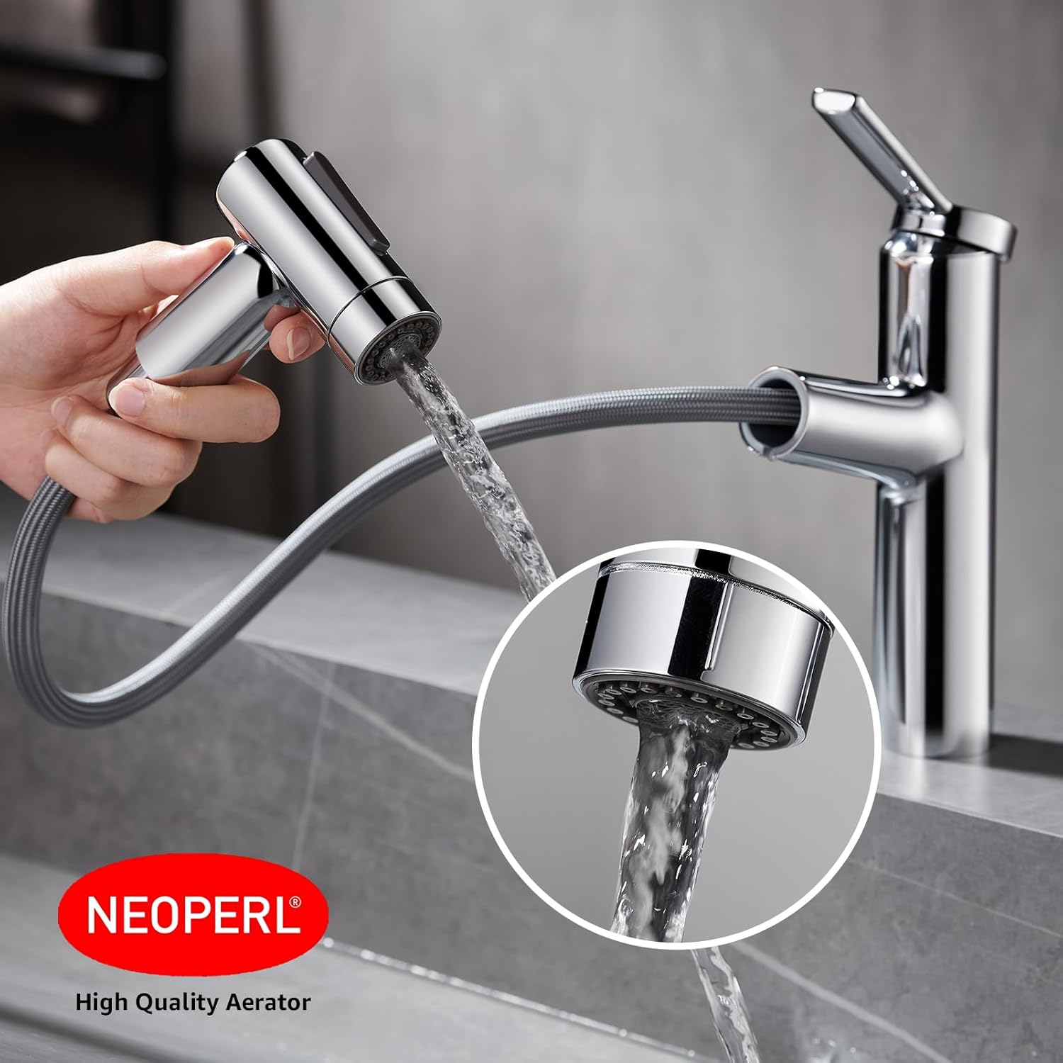 Grifo de baño con rociador extraíble, grifo de lavabo de baño de un solo agujero, cromado de una sola manija, grifo de tocador con boquilla