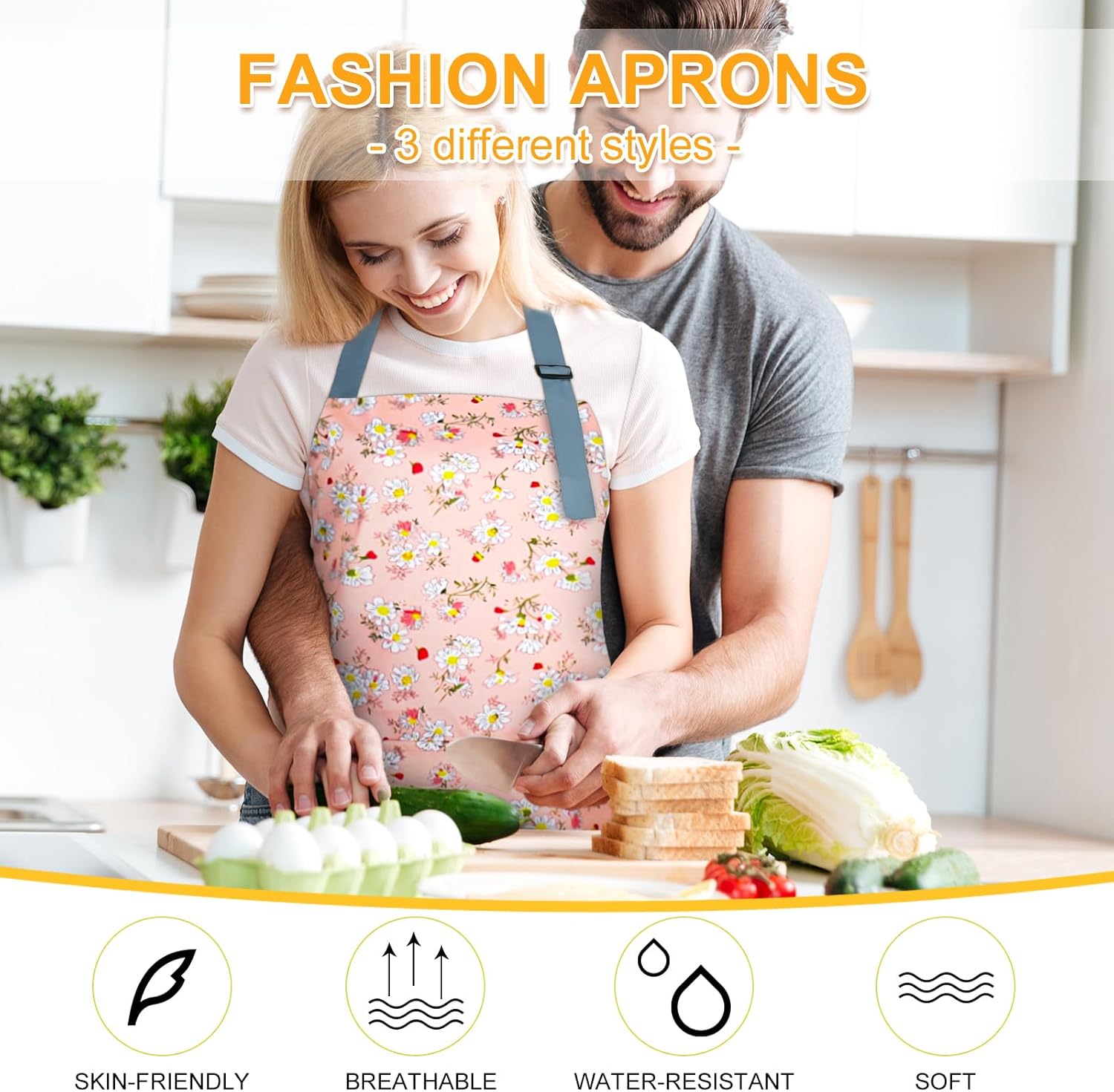 3 delantales florales Little Daisy, delantal impermeable para mujeres con bolsillos, delantal de cocina, delantal ajustable, delantal de chef suave
