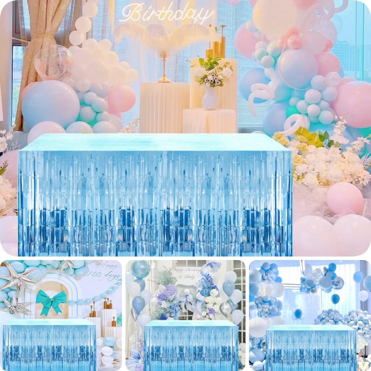 Paquete de 2 guirnaldas de falda de mesa con flecos de papel de aluminio azul claro amplio, decoración de fiesta para cumpleaños, niños, océano bajo