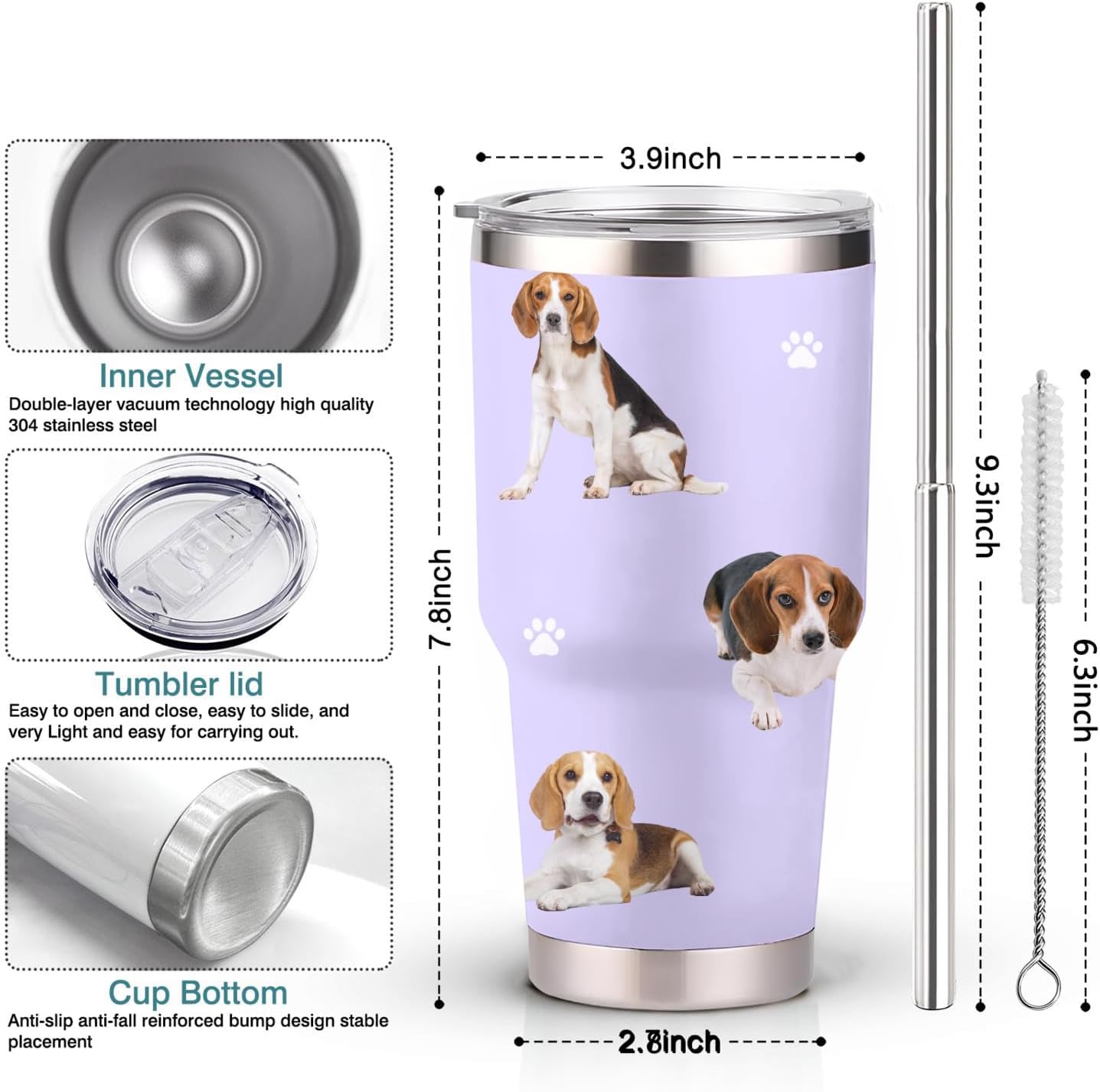 BeagleTumbler – Tazas de café de viaje aisladas de acero inoxidable con tapa y popote, regalo ideal para papá, mamá y perro