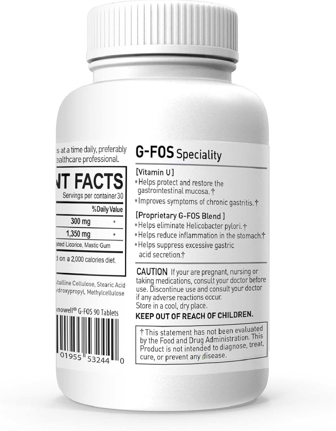 NANOWELL Suplemento de salud digestiva G-FOS, vitamina U, 90 tabletas x 2 botellas durante 2 meses (180 unidades)