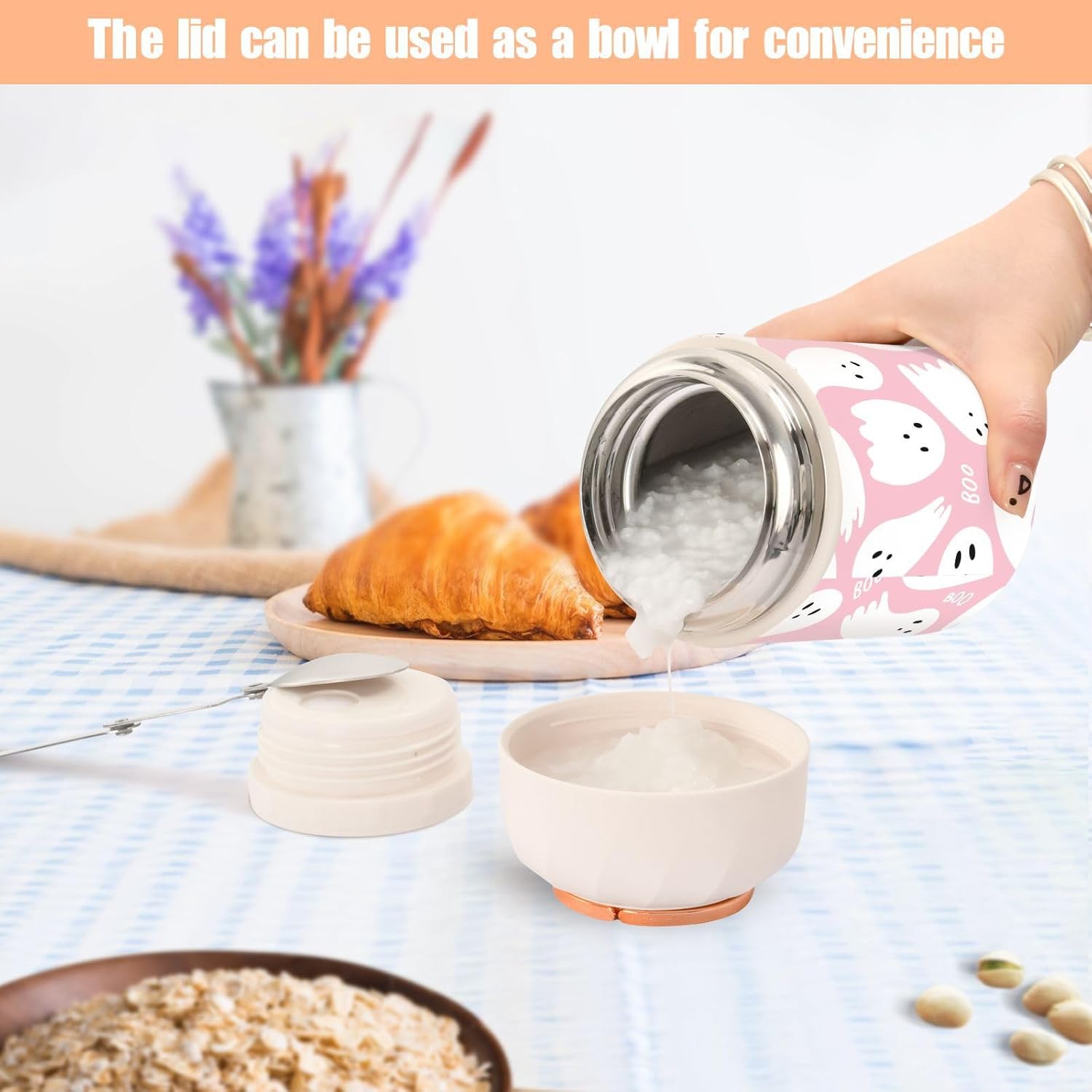 Tarro de comida sellado con cuchara plegable, lonchera de acero inoxidable aislado al vacío para alimentos calientes y fríos, fantasma rosa, boca