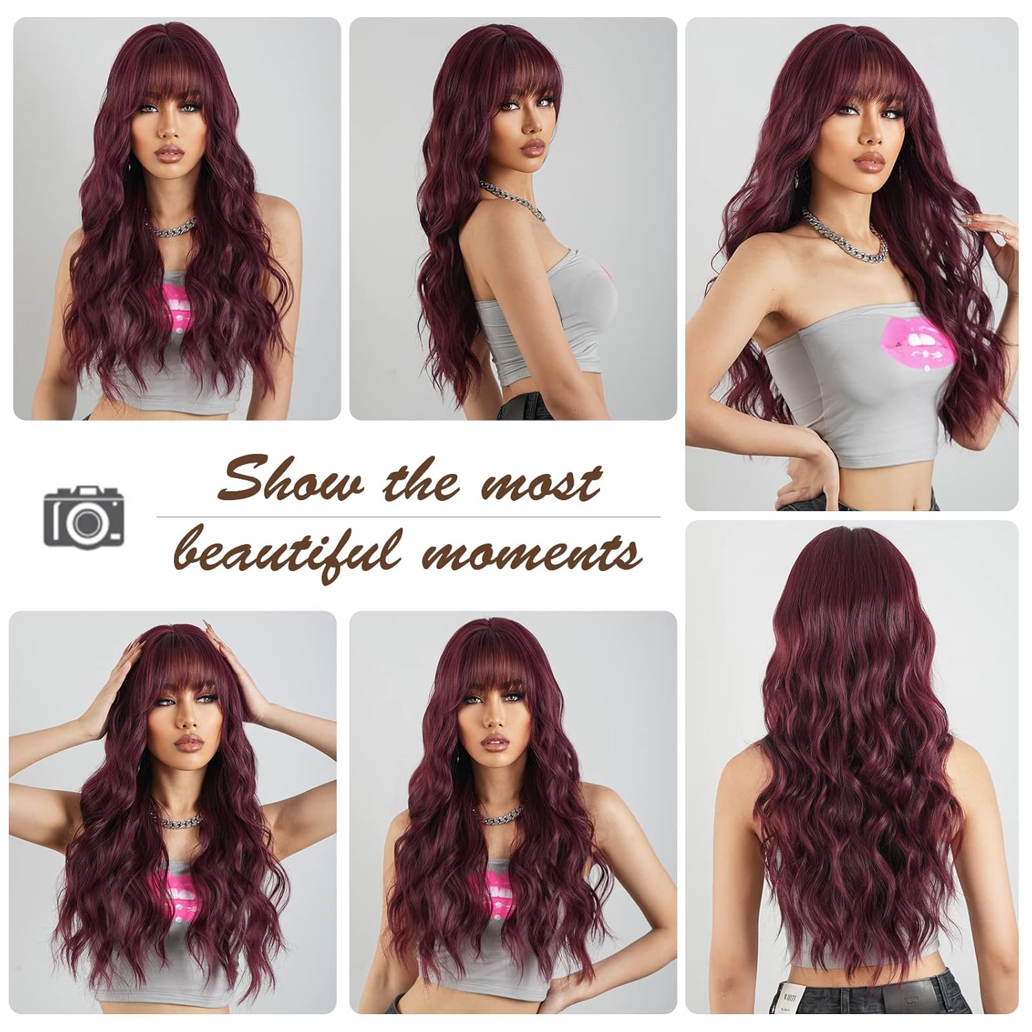 HAIRCBE – Peluca larga roja con flequillo, pelucas rizadas burdeos para mujer, peluca sintética resistente al calor, para uso diario