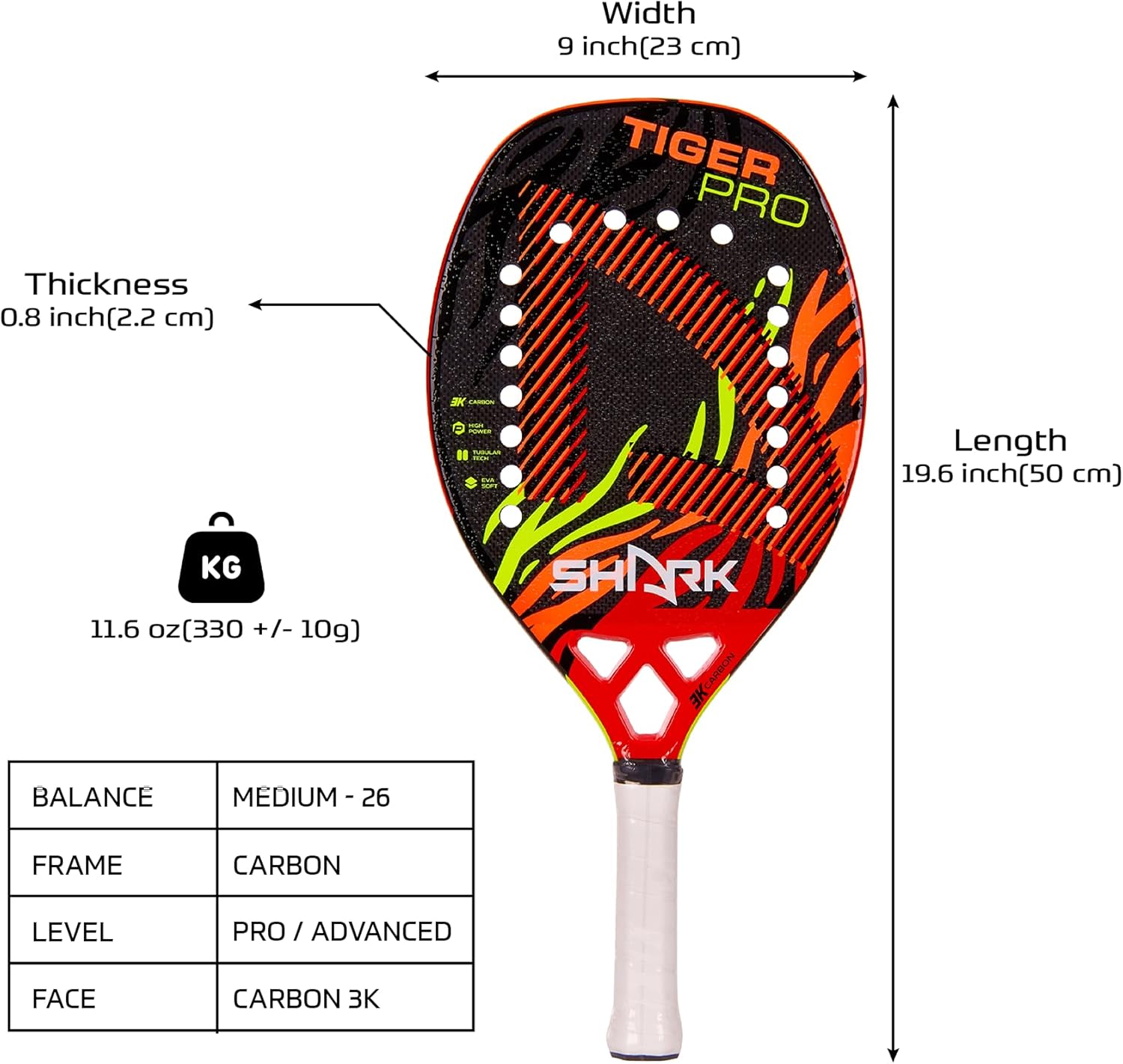 Shark Tiger – Raqueta profesional de tenis de playa  Marco de fibra de carbono 3K  0.866 pulgadas de grosor  Cara de microgránulos  para jugadores