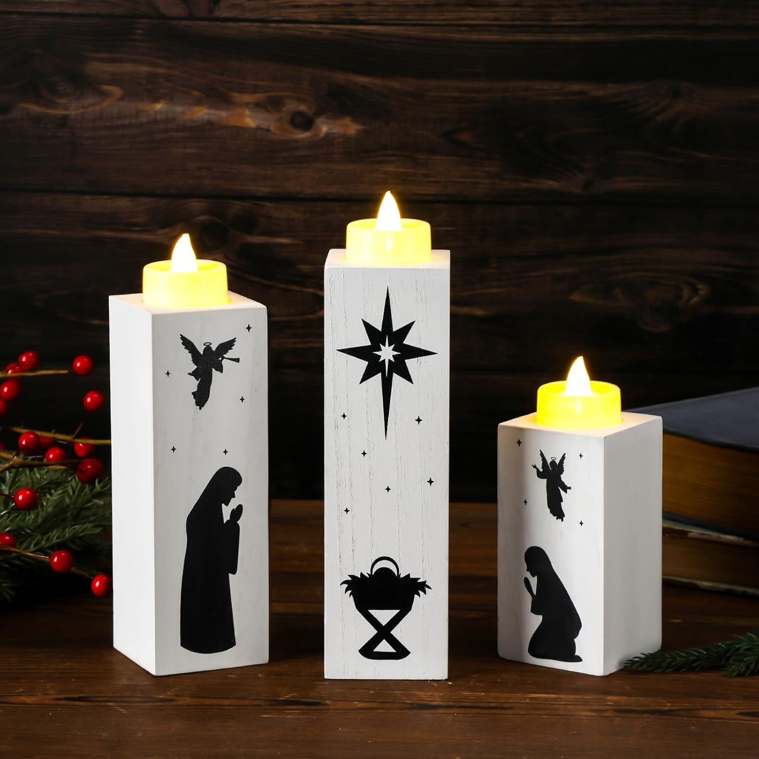 3 portavelas de Navidad con 6 velas de Adviento de Navidad, portavelas sin llama, belén, mesa de madera, centro de mesa, candelabros de Navidad para