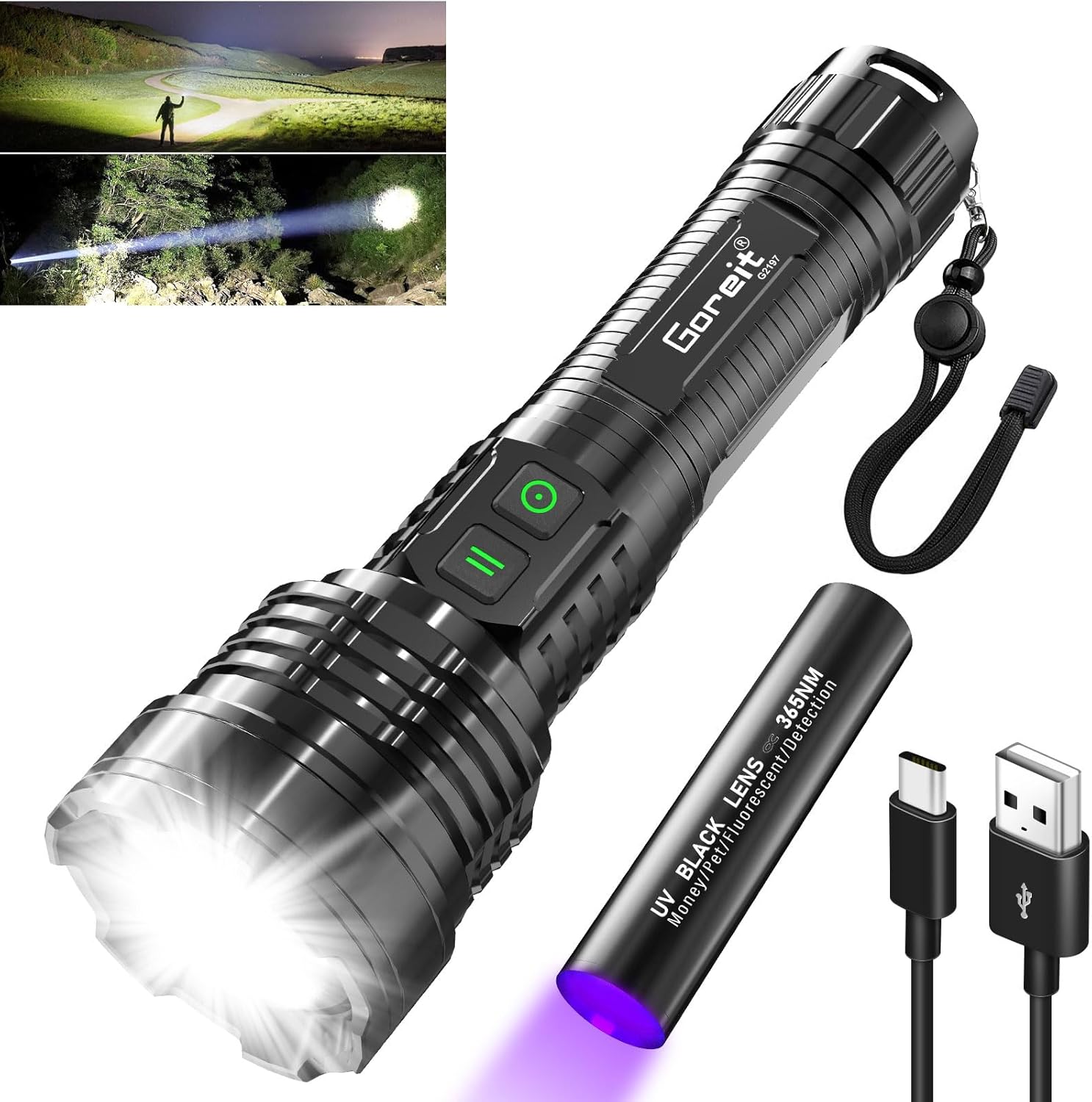 Goreit Linternas recargables de alto lúmenes, 980000 lúmenes XHM77.2, luces de flash con pilas, linterna táctica de mano, linterna impermeable súper