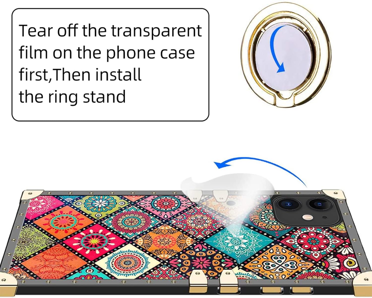 nancheng Funda compatible con iPhone 11 para iPhone 11, bonita funda cuadrada con soporte de anillo, diseño de flores retro, esquinas reforzadas de