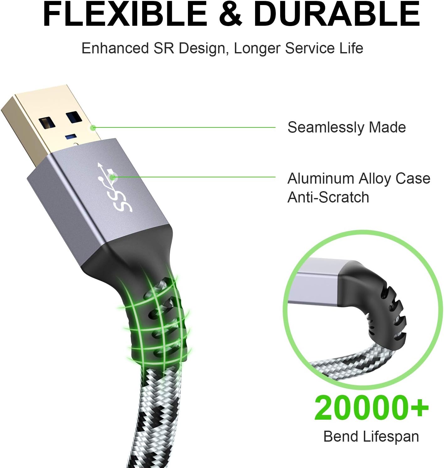 SNANSHI Cable de extensión USB de 3 pies, extensor USB de nailon trenzado, cable de extensión USB 3.0 para cámara web, impresora, mouse USB,