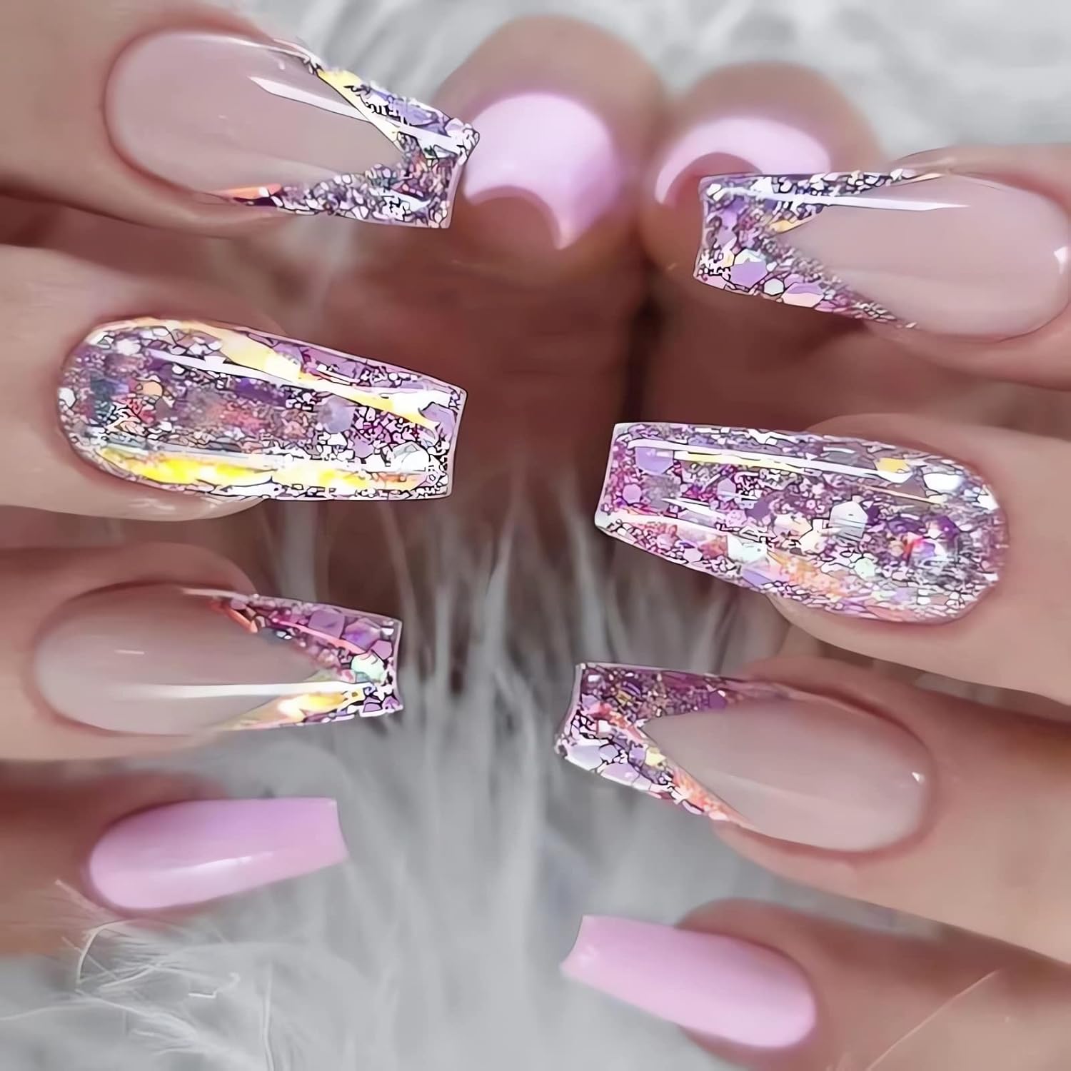 IMSOHOT Uñas postizas largas a presión, estilo ataúd, francesas, con purpurina, uñas postizas brillantes de cobertura completa, uñas acrílicas