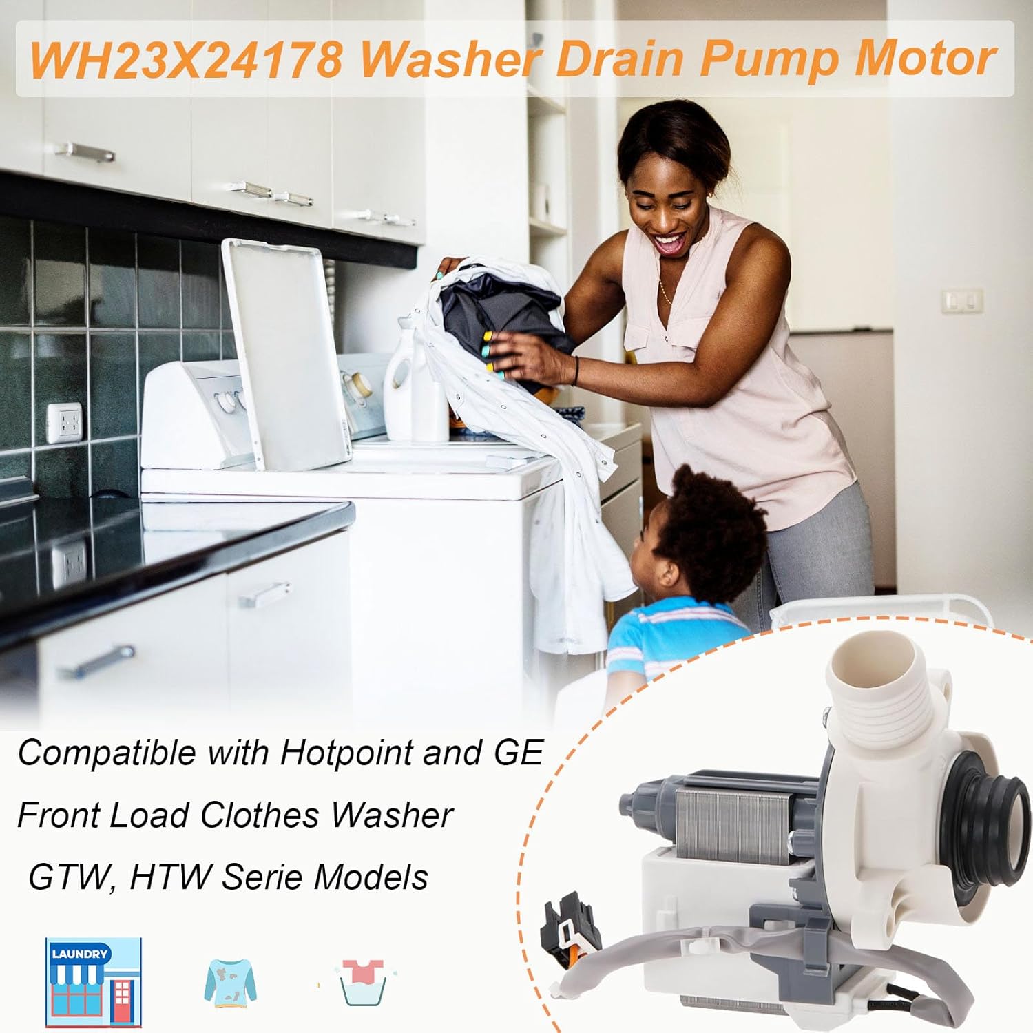 WH23X24178, WH23X28418, B40-3A01 Conjunto de bomba de drenaje de lavadora compatible con GE Clothes Washer GTW, modelos de la serie HTW, reemplaza
