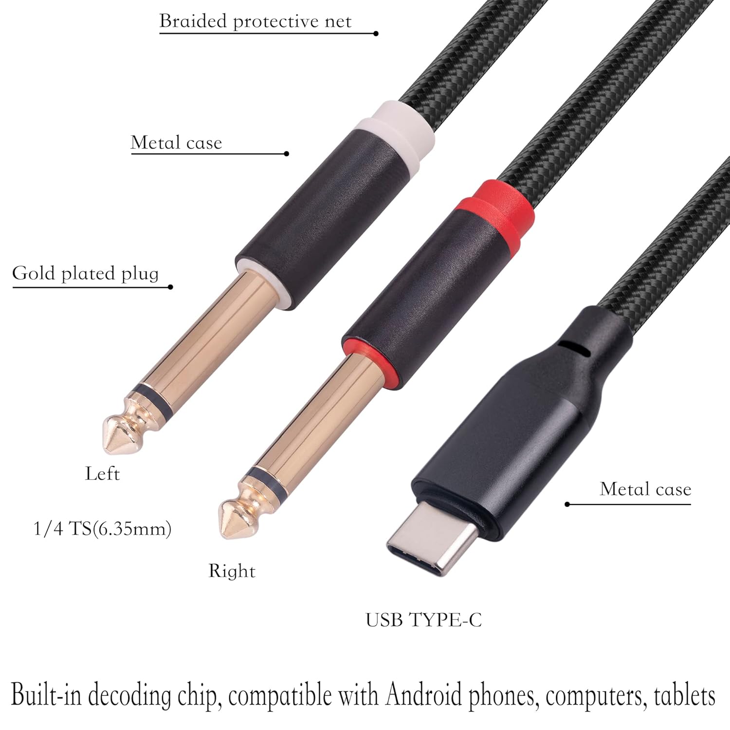 Yumiwoow Cable divisor estéreo USB C a doble de 0.250 in y 14 de pulgada, USB tipo C a cable de audio TS dual de 0.250 in de 14 pulgadas para