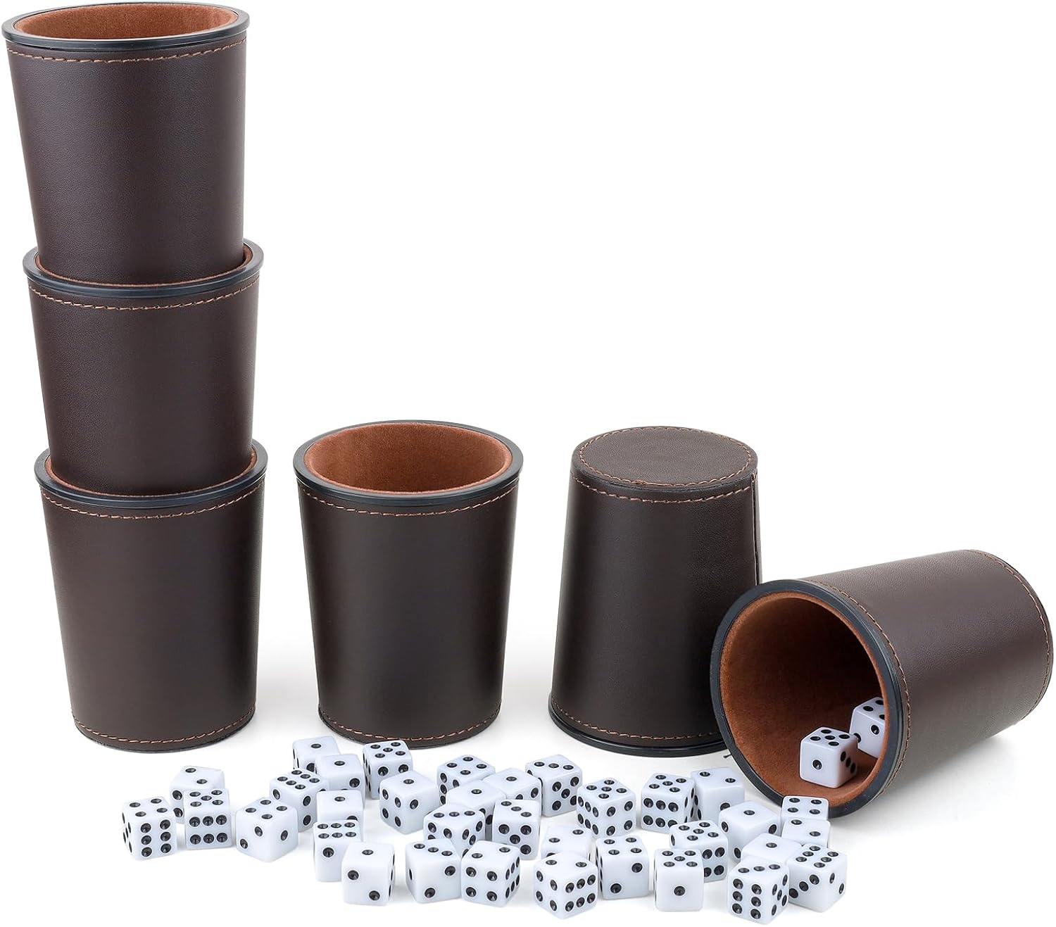 RERIVER Juego de dados de piel sintética con forro de fieltro, 6 tazas silenciosas con 36 dados para juegos de dados Yahtzee Farkle, café
