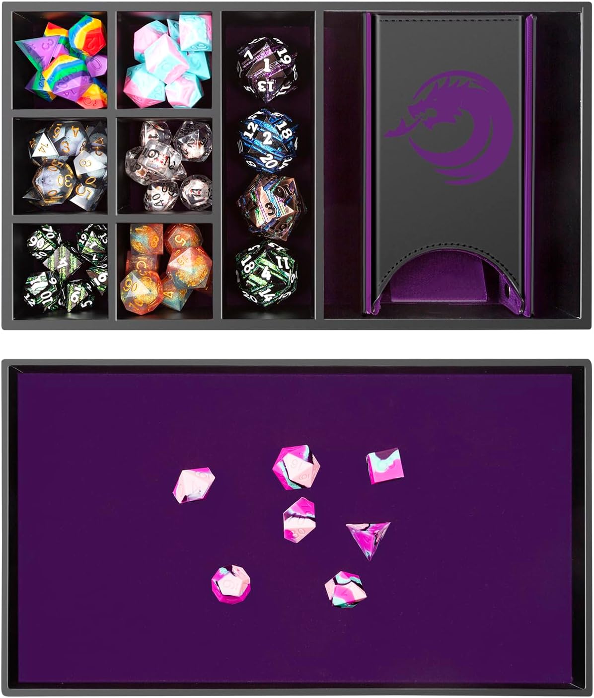 DNDND Bandeja rodante de dados 3 en 1, torre de dados y almacenamiento de dados, almacenamiento rectangular portátil con tapa para juegos de mesa
