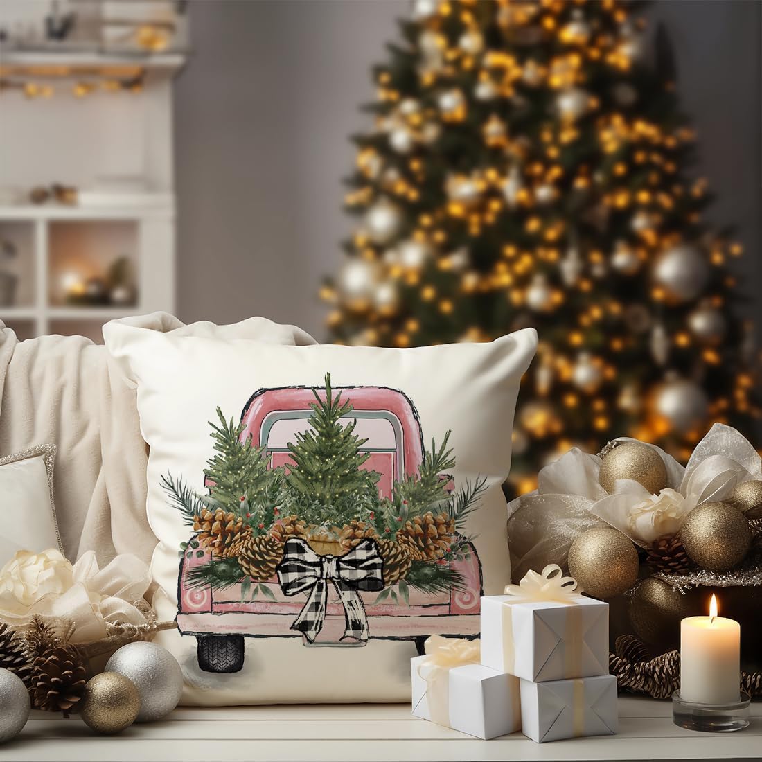Juego de 4 fundas de almohada decorativas de 18 x 18 pulgadas con diseño de árbol de Navidad con diseño de árbol de Navidad, decoración de casa de