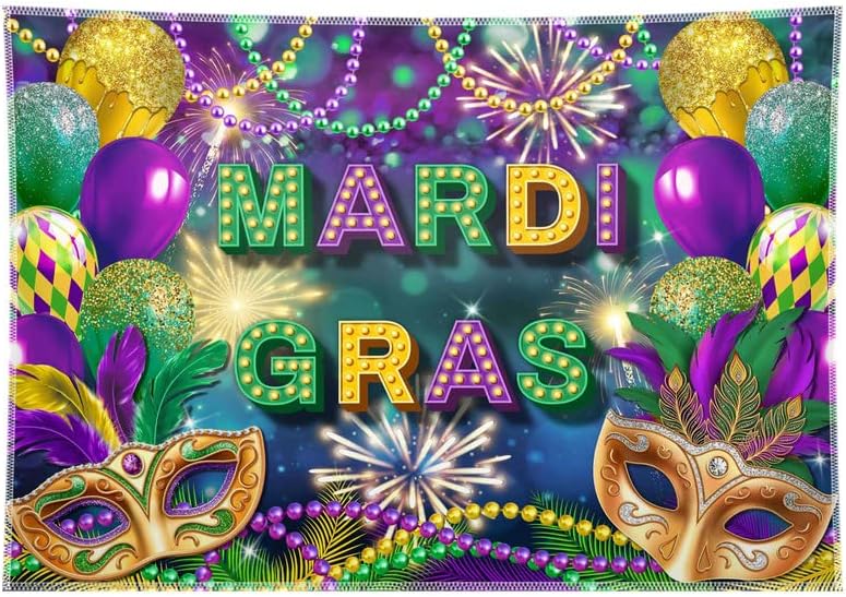 ZTHMOE Telón de fondo de tela de Mardi Gras de 68 x 45 pulgadas, máscaras de carnaval, fiesta de máscaras, fondo de fotografía, cuentas moradas y