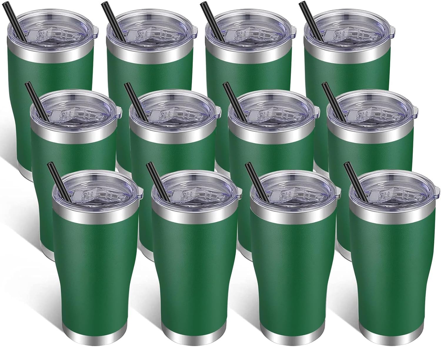 VEGOND Vaso de acero inoxidable de 20 onzas con tapa y popote aislado al vacío, taza de café de viaje de doble pared (verde oscuro, paquete 12)