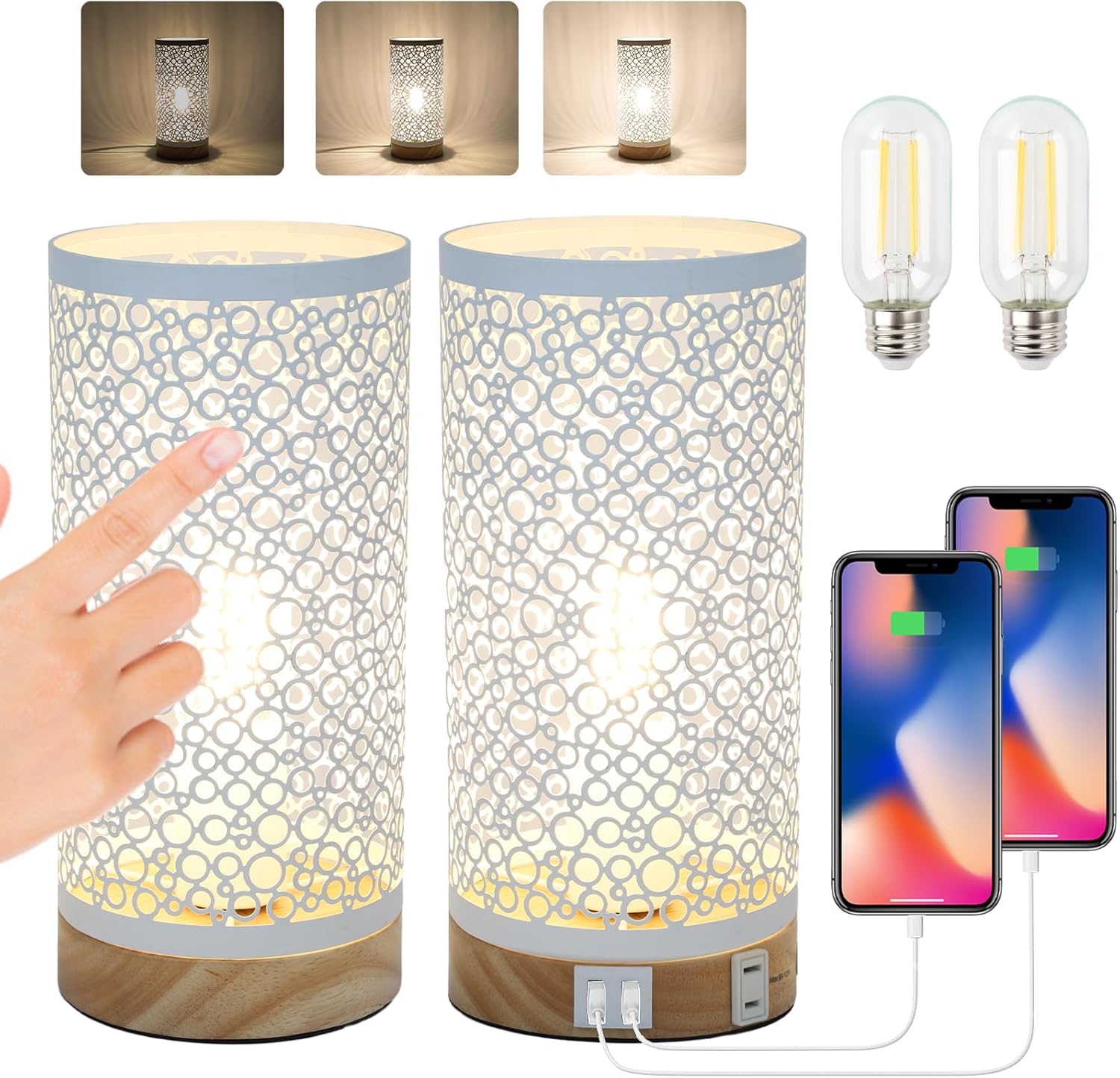 Juego de 2 lámparas de mesa con control táctil, lámparas de mesita de noche regulables con puerto USB y salidas de CA, lámparas industriales de