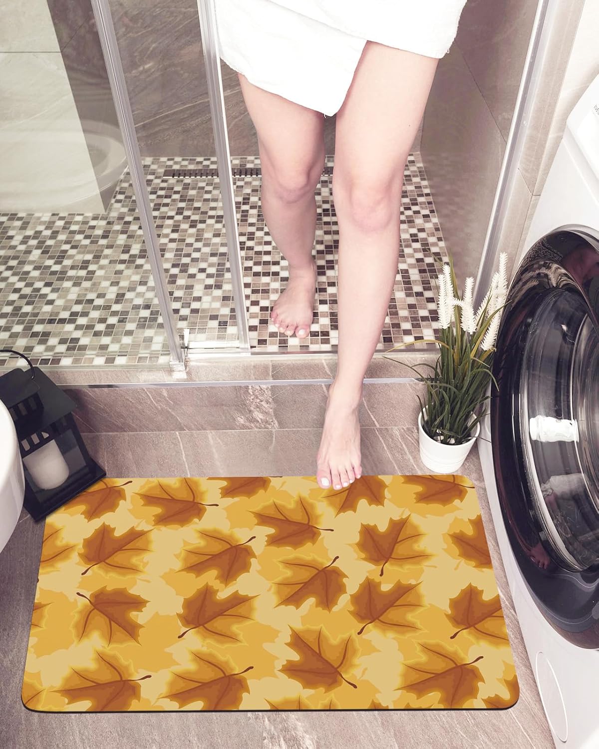 Bath Mat,Thanksgiving Fall Farm Maple Leaves Pattern Orange Indoor Door Thin Mat Absorbent Bathroom Quick Dry Rug Entrance Non Slip Rubber Backing