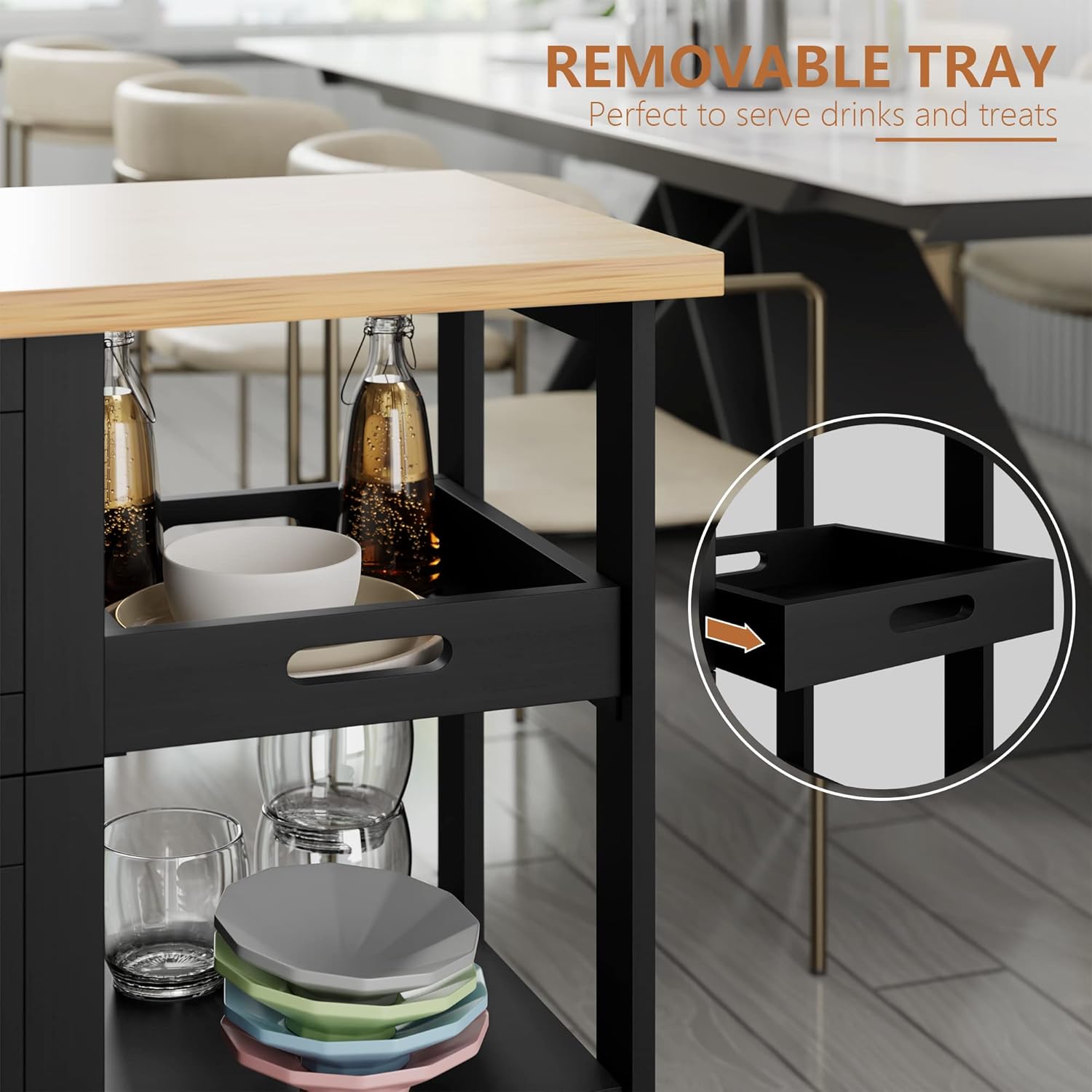 QAQA – Carrito de isla de cocina con almacenamiento, carrito de cocina con 3 cajones y estantes abiertos, armario de cocina con ruedas para comedor,