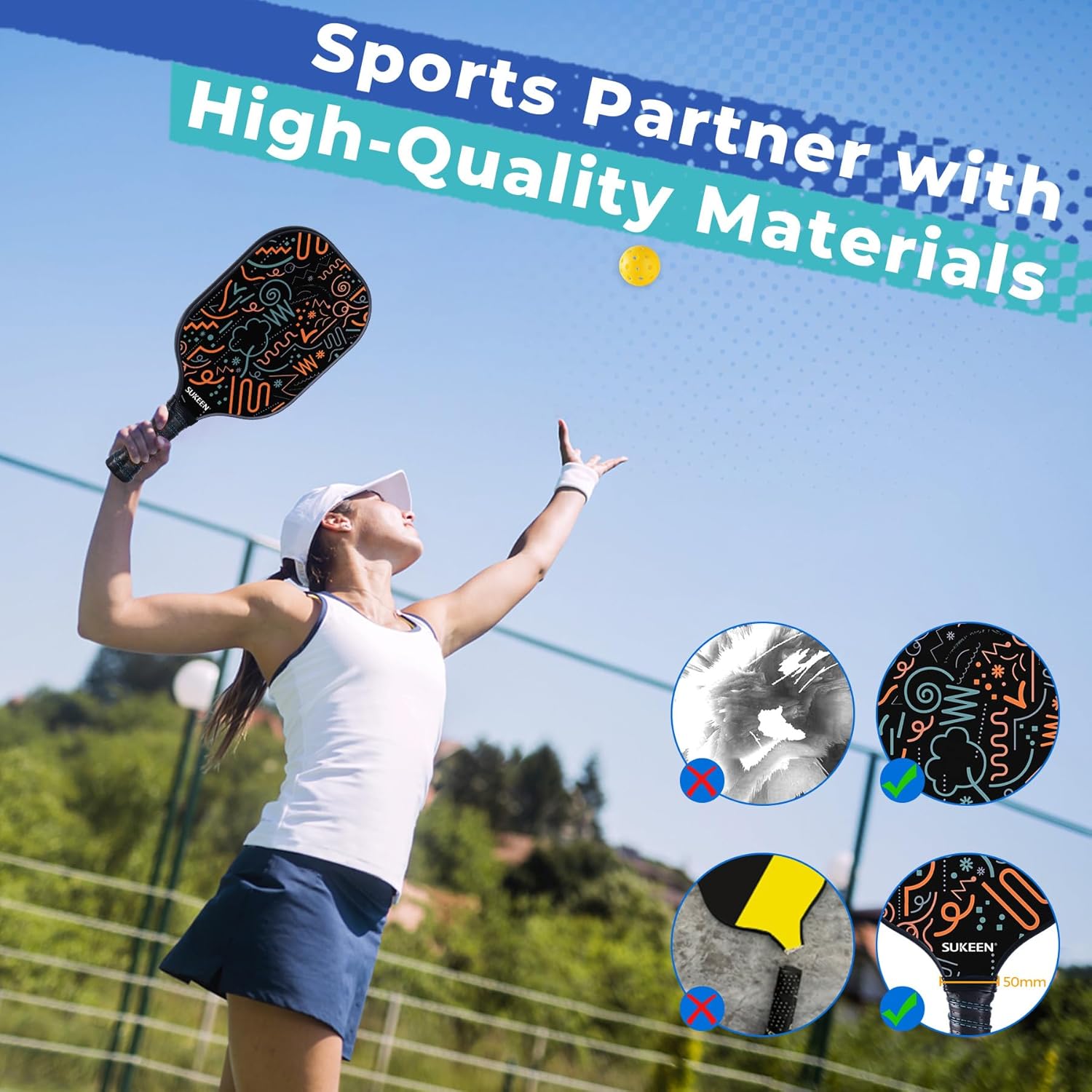 Sukeen Paletas de pickleball, juego de 2 piezas de pickleball de fibra de vidrio, núcleo de nido de abeja de polipropileno, agarre acolchado, juego