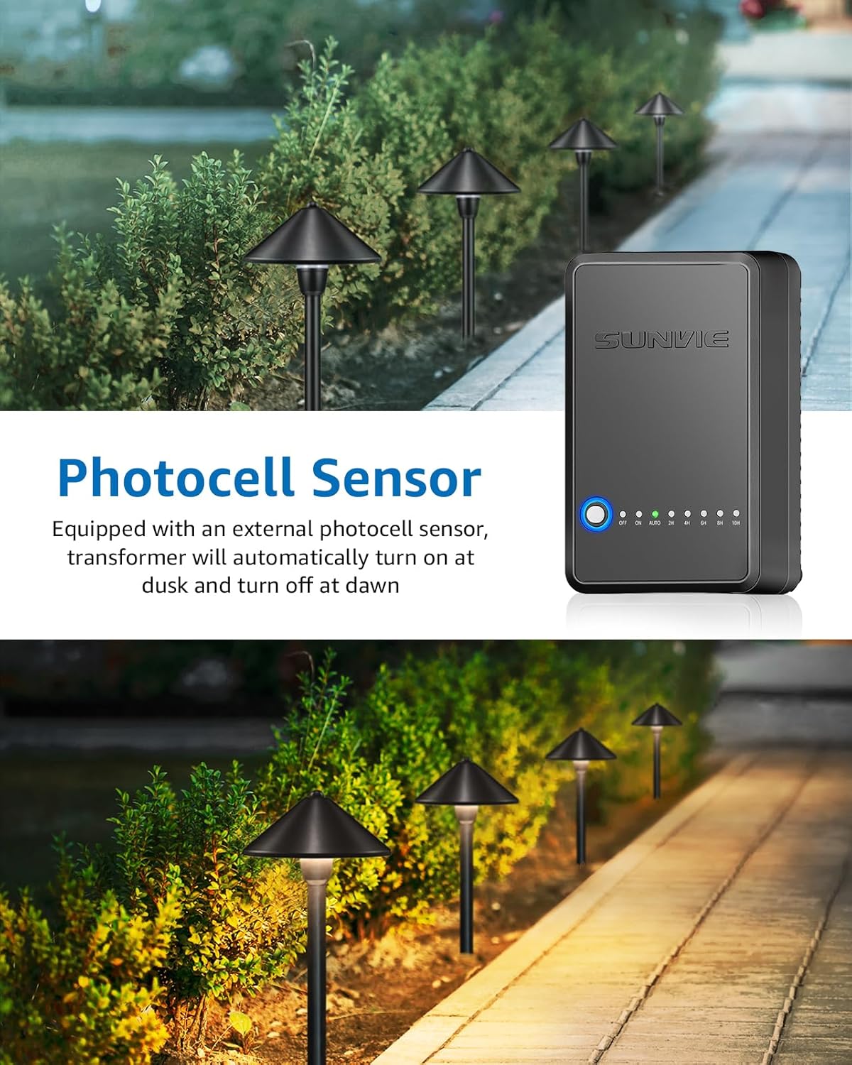 SUNVIE Transformador de paisaje de bajo voltaje de 60 W con temporizador y sensor de fotocélula, transformador de iluminación de paisaje de 120 V CA