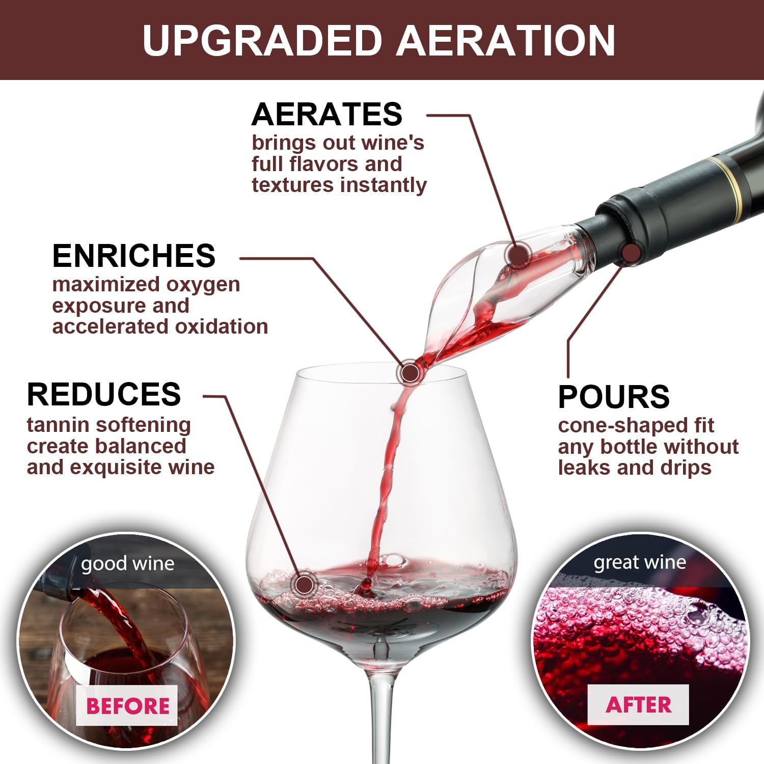 STEETURE Aireador de vino vertedor y tapón de vino bomba de vacío, decantador de vino con aireador sabor mejorado ramo de burbujas mejoradas,