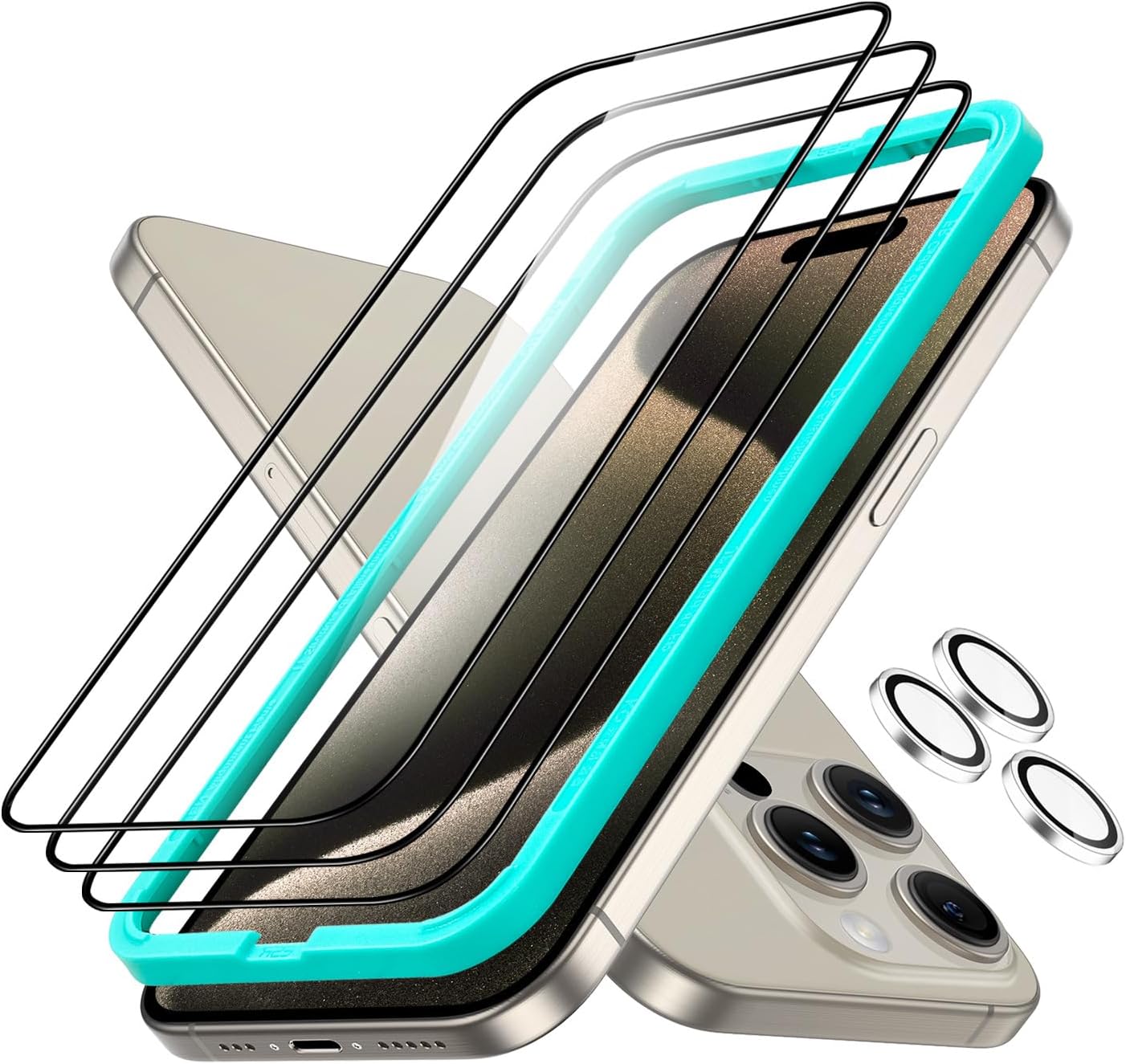 ESR Juego de 3+1 protector de pantalla Armorite para iPhone 15 Pro Max, vidrio templado ultra resistente, marco de fácil instalación, paquete de 3