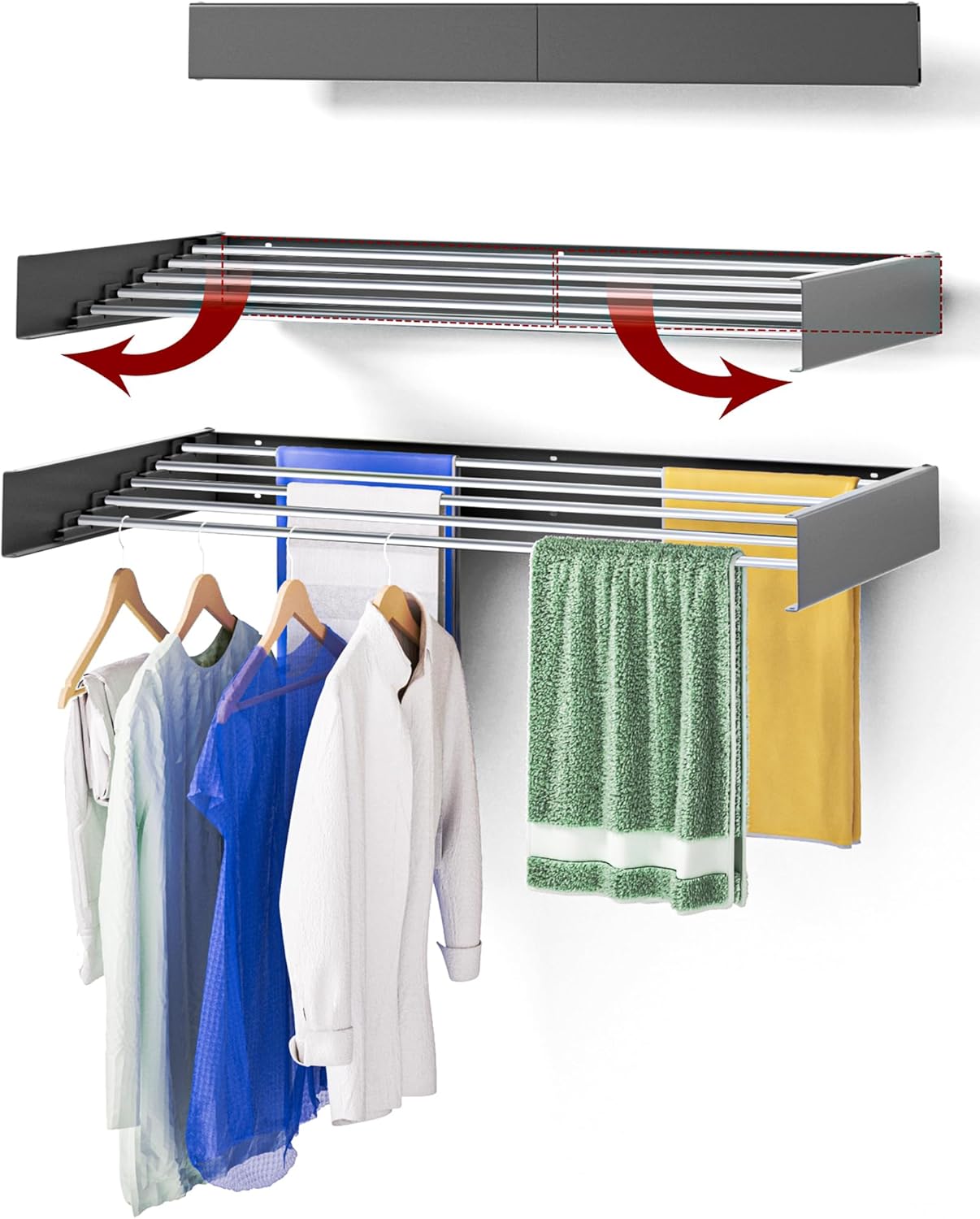 Escurridor para montar en la pared, 31.5 pulgadas de ancho, 13.2 pies lineales, varillas de aluminio 100% ahorradoras de espacio, con plantilla de