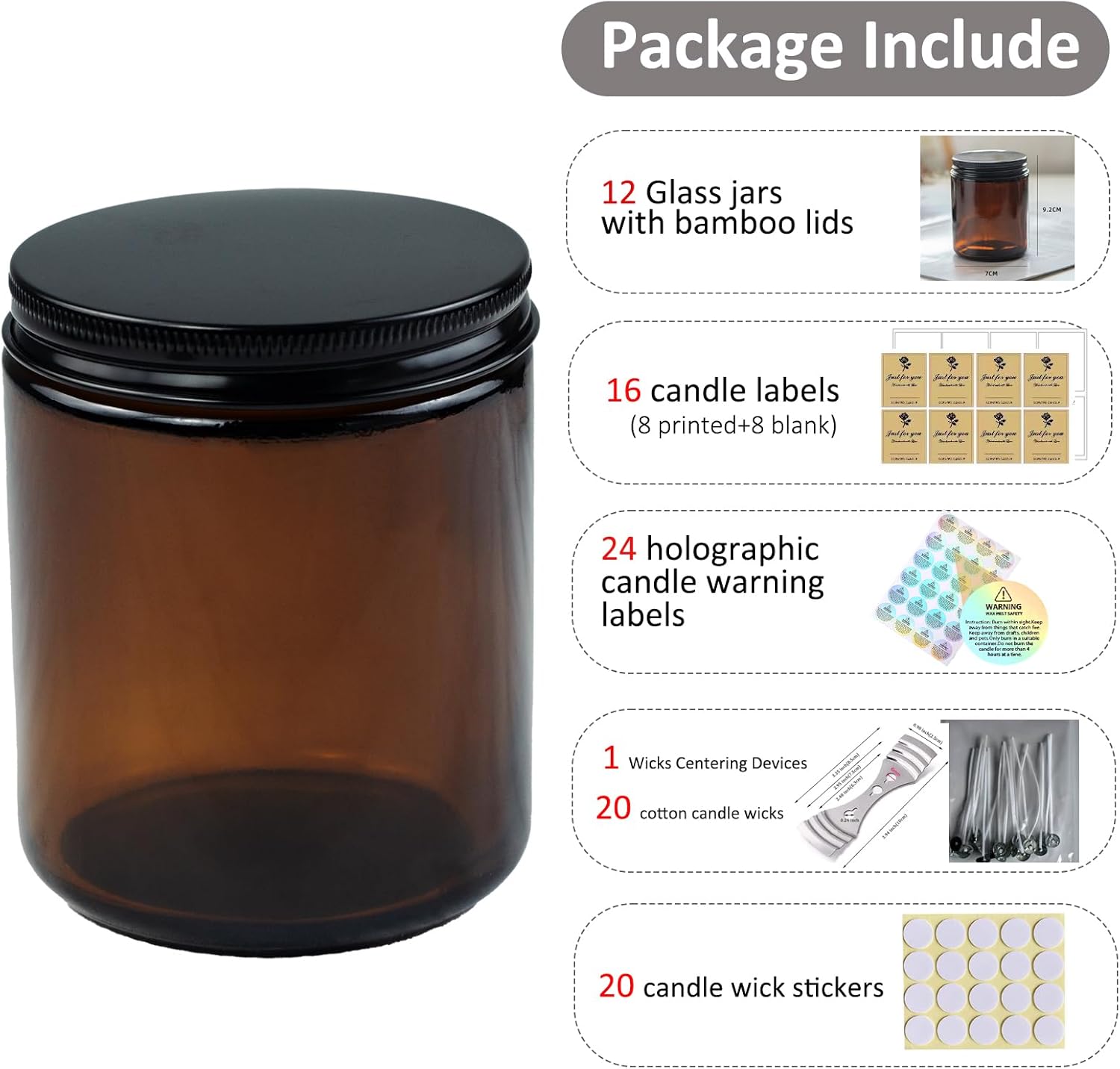 Paquete de 12 tarros de velas de 8 onzas con tapas, tarros de vela de vidrio para hacer velas y manualidades, latas vacías para velas, material de