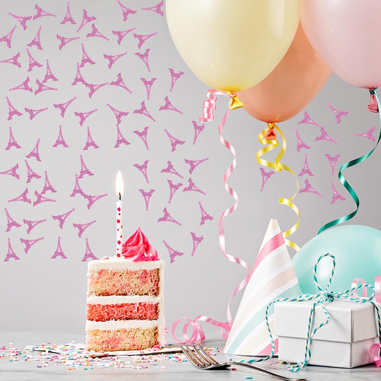 100 piezas de confeti de la torre Eiffel, confeti de mesa de fiesta de París con purpurina rosa, dispersos de papel para fiesta temática francesa de