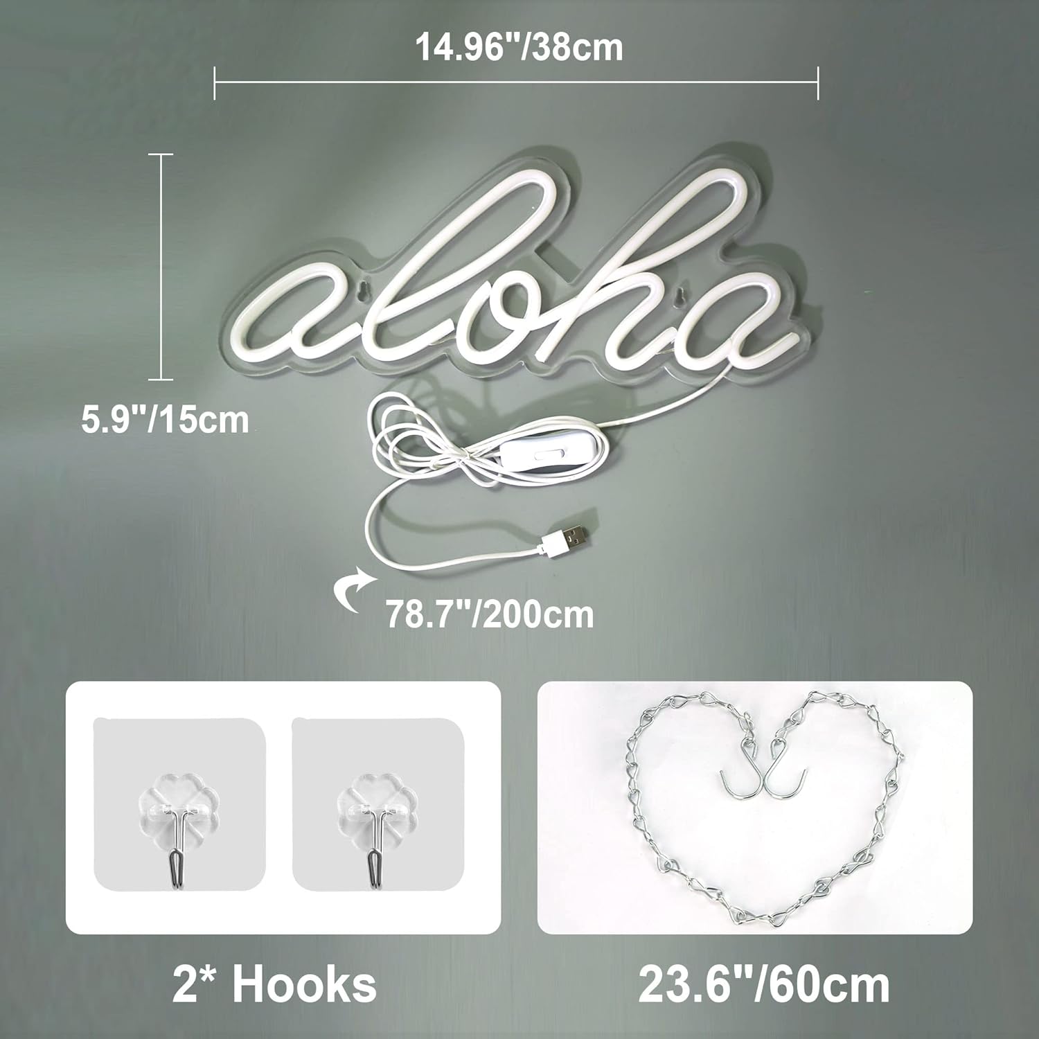 Aloha – Letrero de neón blanco cálido Aloha para decoración de pared, 14.9 x 5.9 pulgadas, luces LED de neón 3D decorativas con funcionamiento por