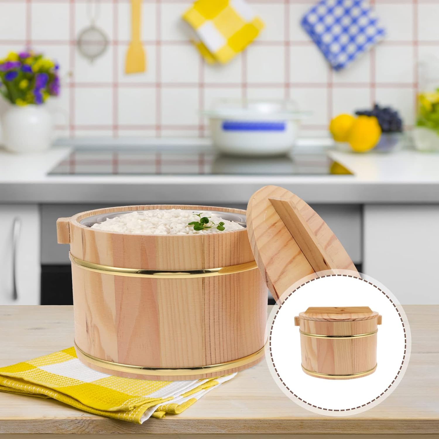 Alipis 1 juego de cubo de arroz de madera barril al vapor barril de madera sushi arroz tazón Hangiri Sushi Oke mezcla de arroz con tapa para el