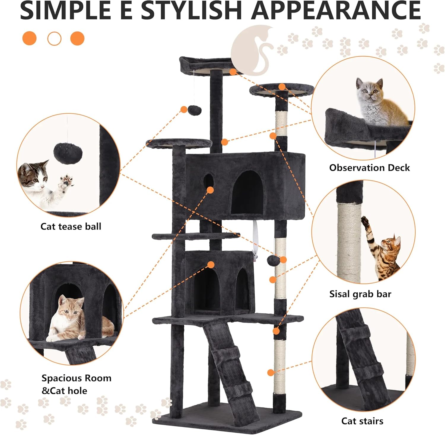 Torre de árbol para gatos de 70 pulgadas para gatos de interior, muebles de condominio para gatos de varios niveles con poste rascador de sisal, 3
