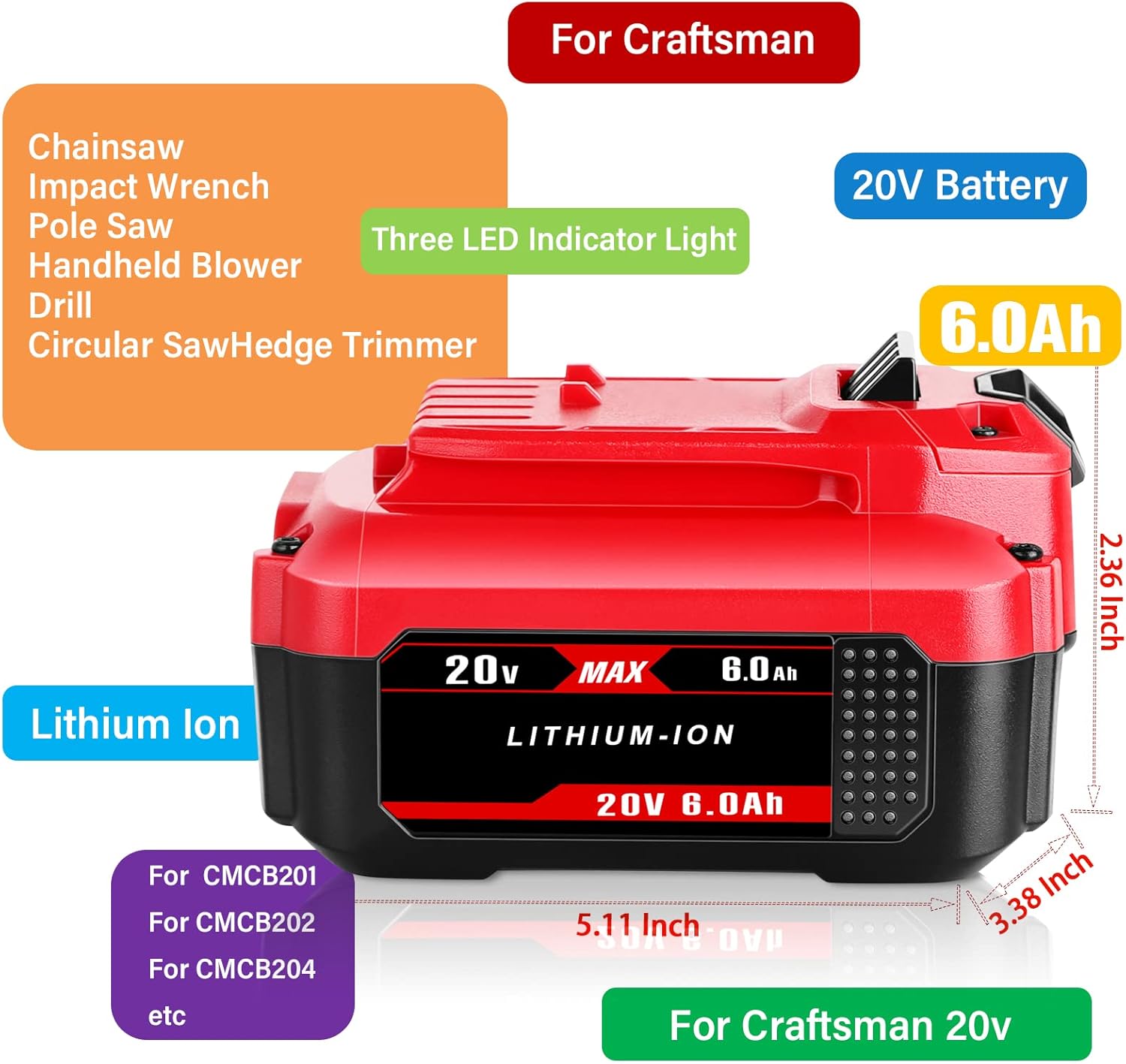Jialipok 20V 6.0Ah CMCB205 Batería de repuesto para Craftsman 20V Max Litio Ion Batería CMCB204 CMCB204-2 CMCB202-2 CMCB201 CMCB206 CMCS500B