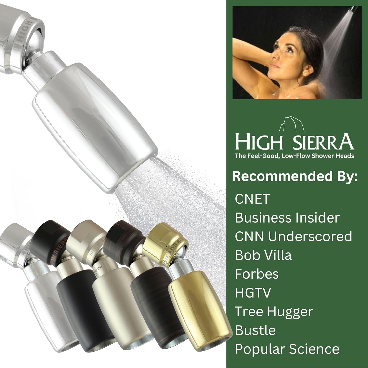 High Sierra – Cabezal de ducha de 2.0 GPM de alta eficiencia y bajo flujo con válvula de goteo. Disponible en cromo, níquel cepillado, bronce