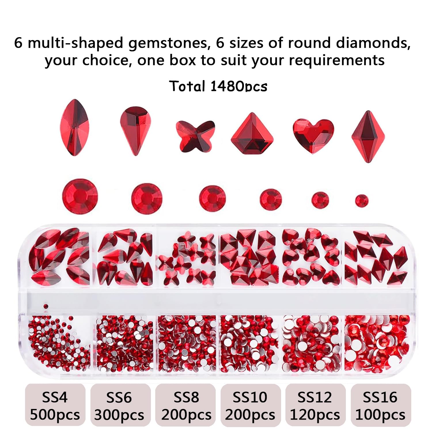 Juego de diamantes de imitación rojos para uñas, 60 piedras preciosas de diamantes de imitación rojos con parte trasera plana de cristal multiforma
