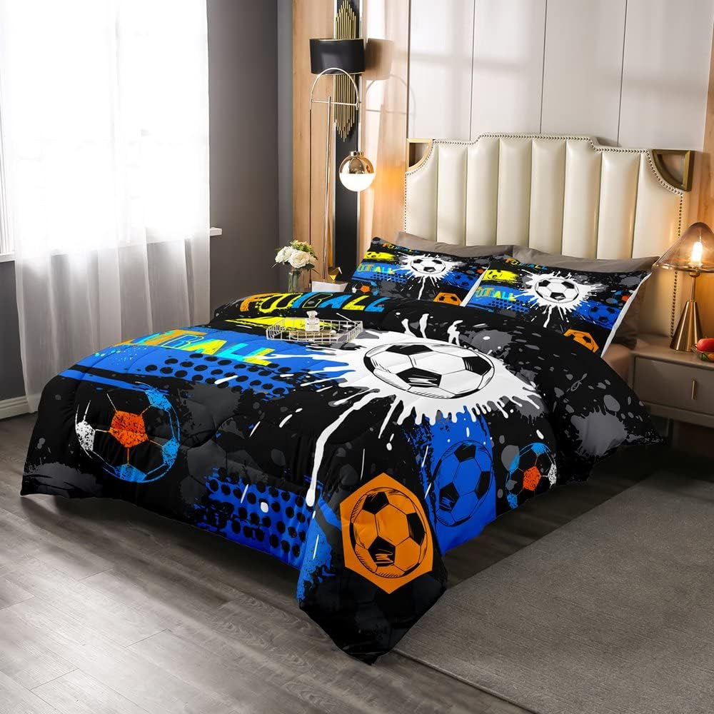 Feelyou Juego de edredón de fútbol deportivo para niños, niñas, adolescentes, decoración azul, teñido anudado, juego de edredón de fútbol de juegos