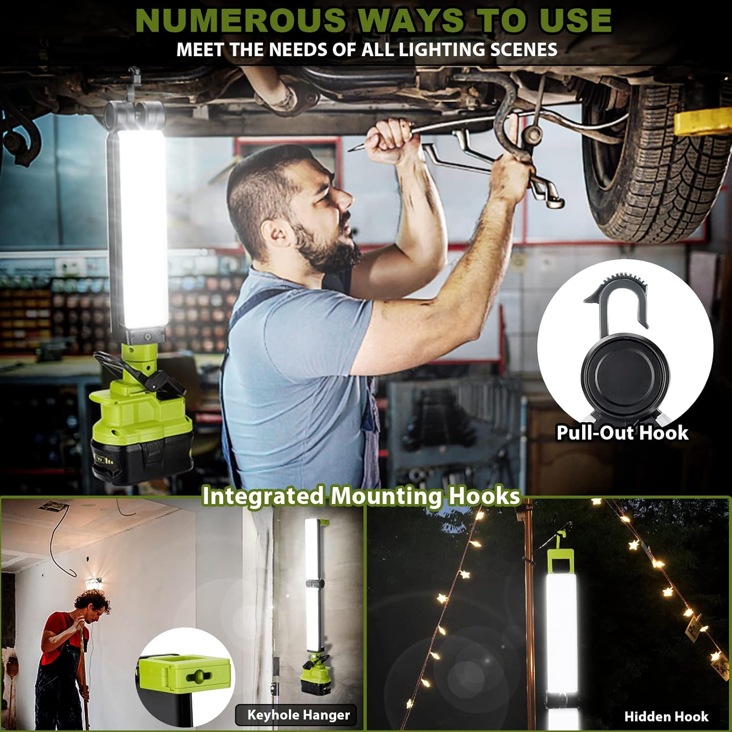 Taingwei Luz de trabajo LED de 2400LM con clip para batería Ryobi de 18 V, luz de inundación de 30 W para reparación de automóviles, camping,