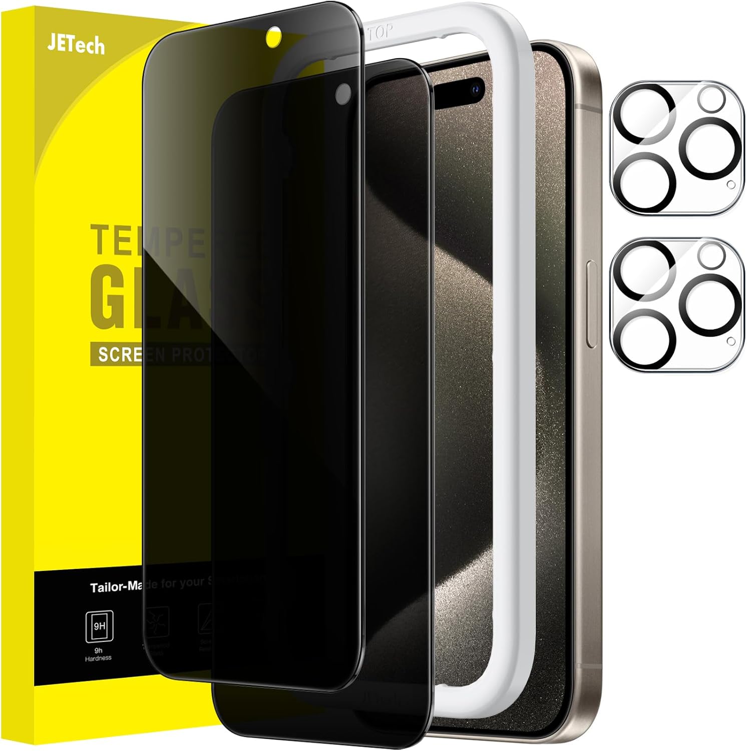 JETech Protector de pantalla de privacidad para iPhone 15 Pro Max de 6.7 pulgadas con protector de lente de cámara, película de vidrio templado
