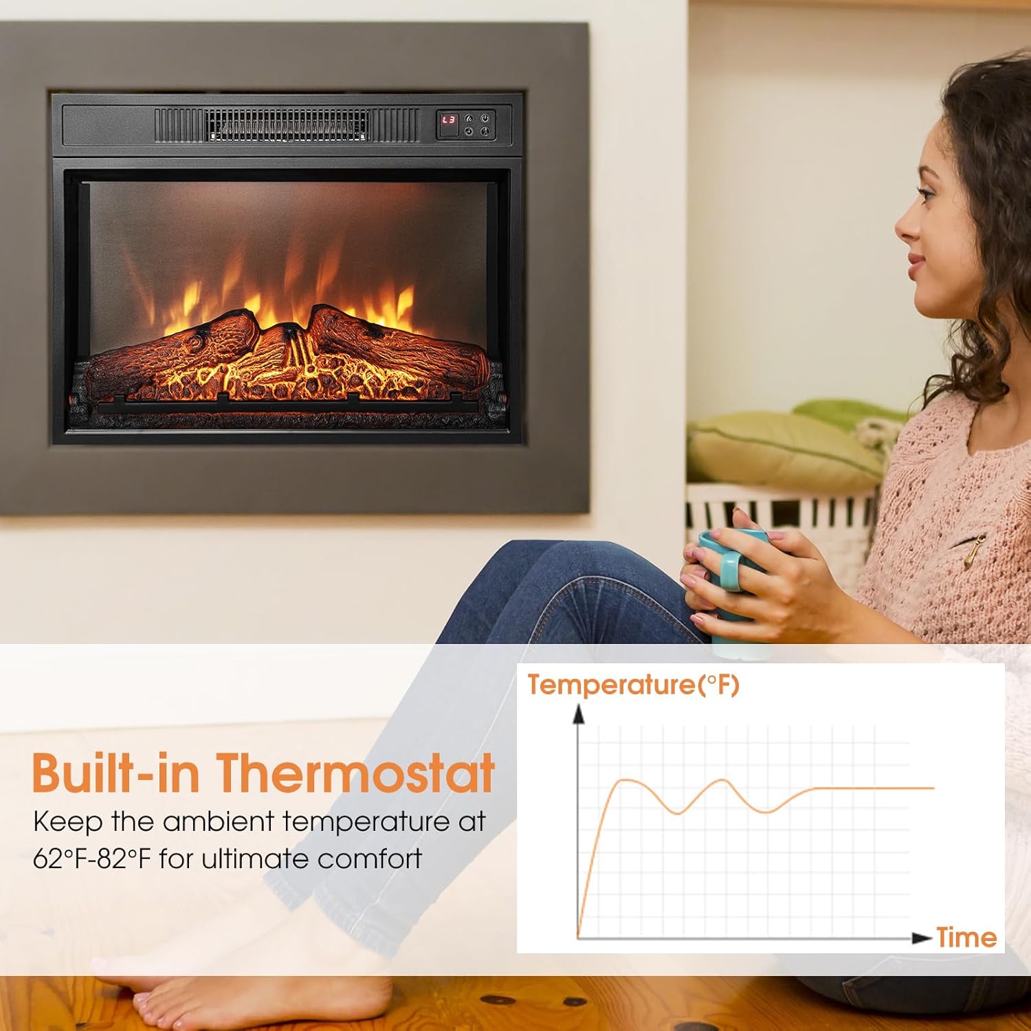 ORALNER Inserto de chimenea eléctrica de 23 pulgadas, calentador de chimenea empotrado con 3 efectos de llama LED, control remoto y temporizador de