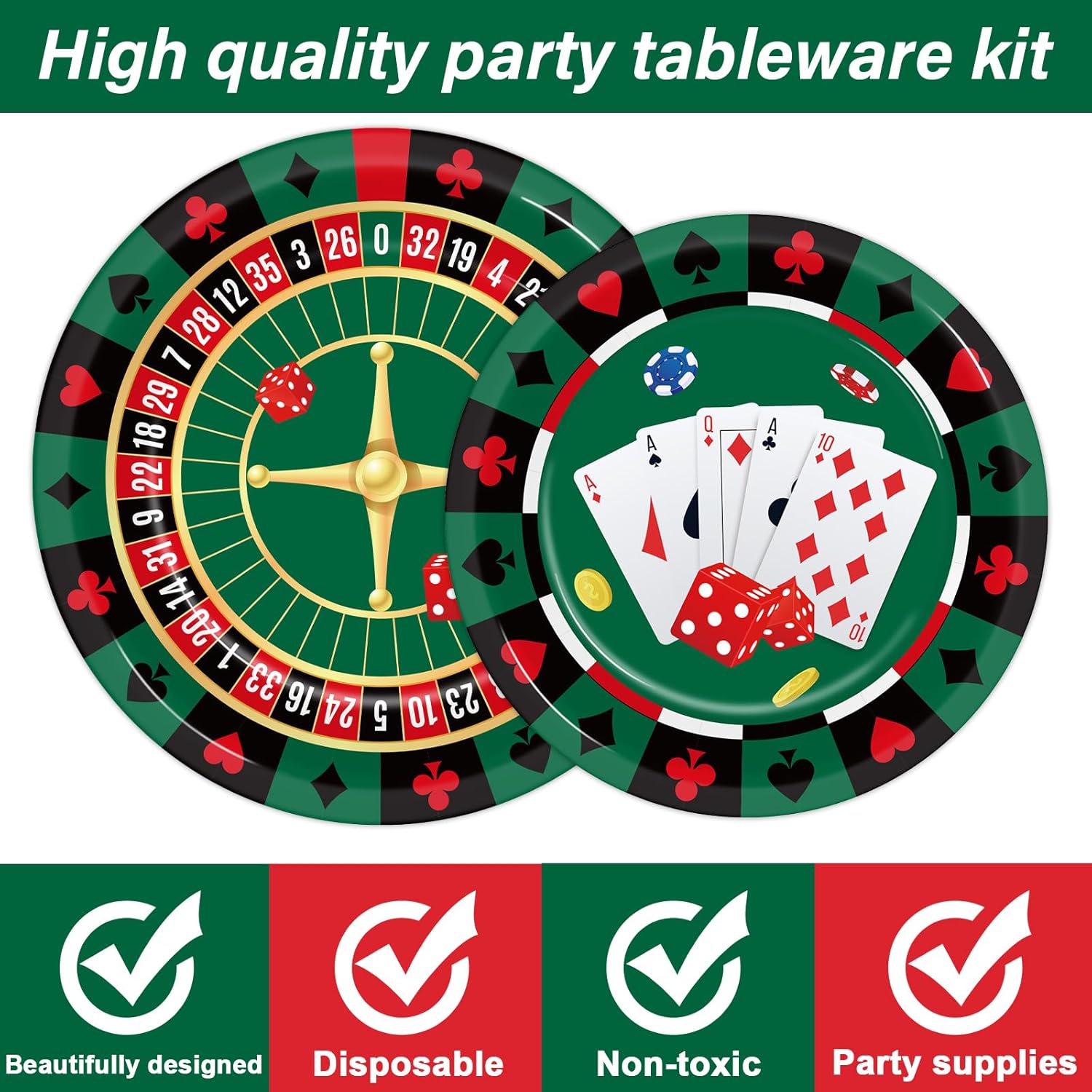 Juego de vajilla de 96 piezas con temática de casino para fiestas de cumpleaños de Las Vegas, tarjetas de póquer, tarjetas de póquer, fiesta de
