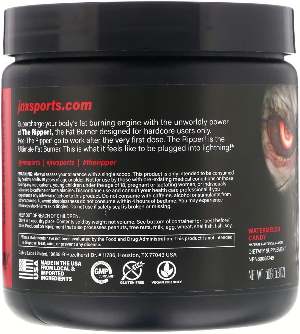 JNX SPORTS The Ripper! Quemador de grasa termogénico triturador para hombres y mujeres  Termogénesis Stim de acción rápida, supresor del apetito,