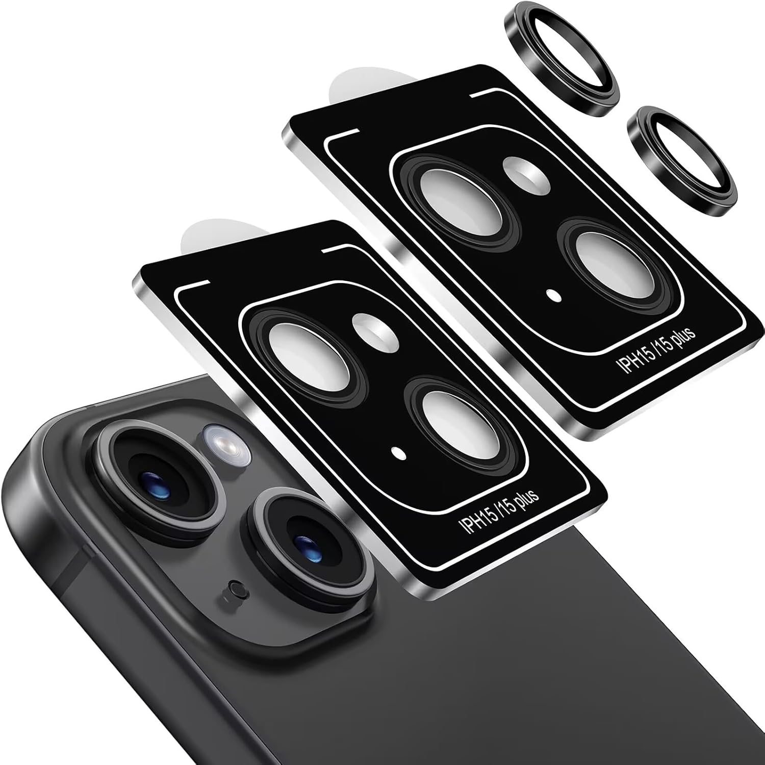 Matekxy Paquete de 2 protectores de lente de cámara para iPhone 1515 Plus1414Plus, cubierta de anillo individual de metal, vidrio templado