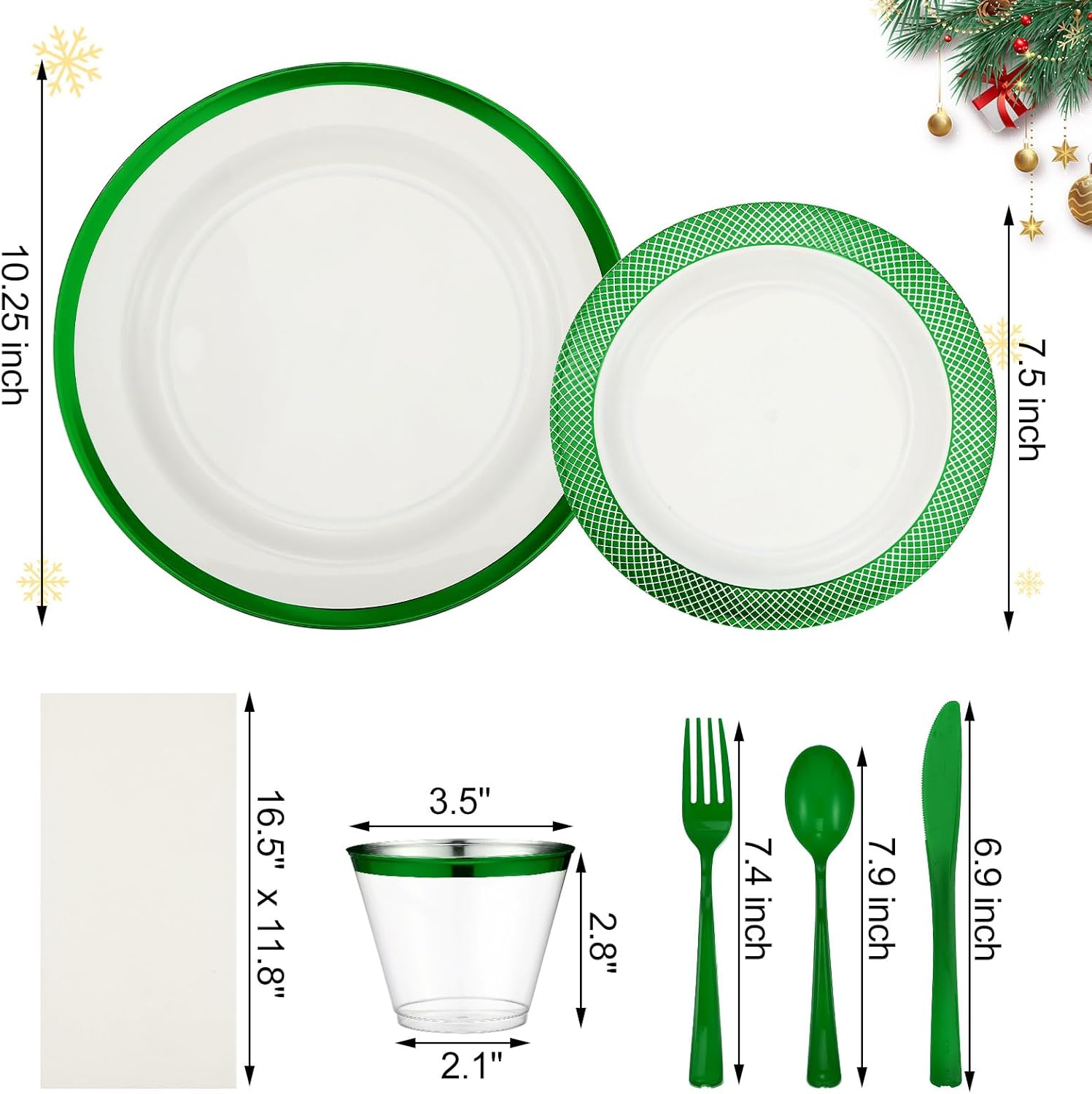 Yaomiao Juego de 350 platos desechables de Navidad con adornos para fiestas de Navidad, vajilla de plástico 90Z, cuchillos, tenedor, cuchara,