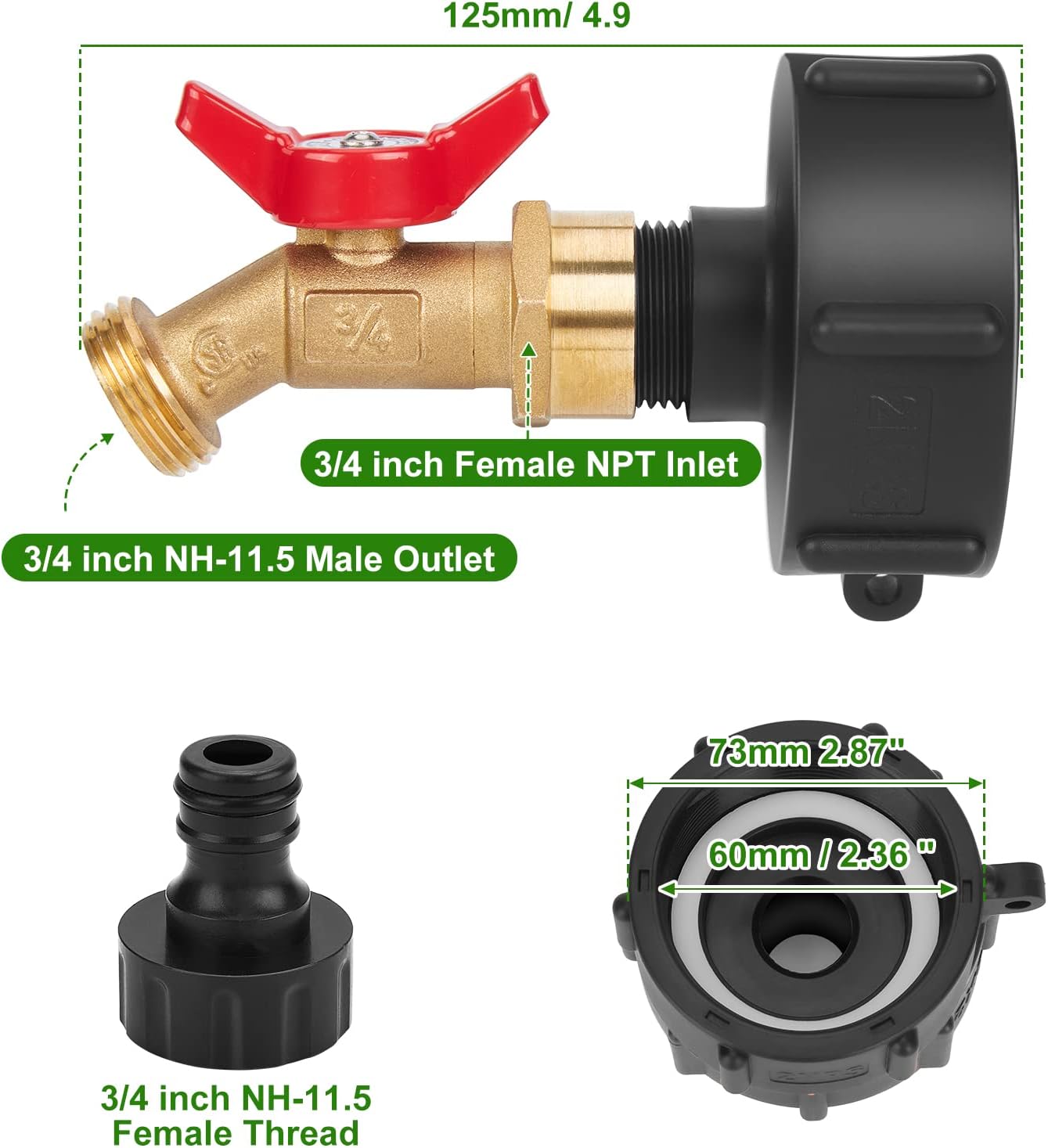 WADEO Adaptador de tanque IBC, adaptador de rosca fina de 2.36 pulgadas para tanque IBC de 275-330 galones, Aadpter IBC Tote Aadpter con válvula de