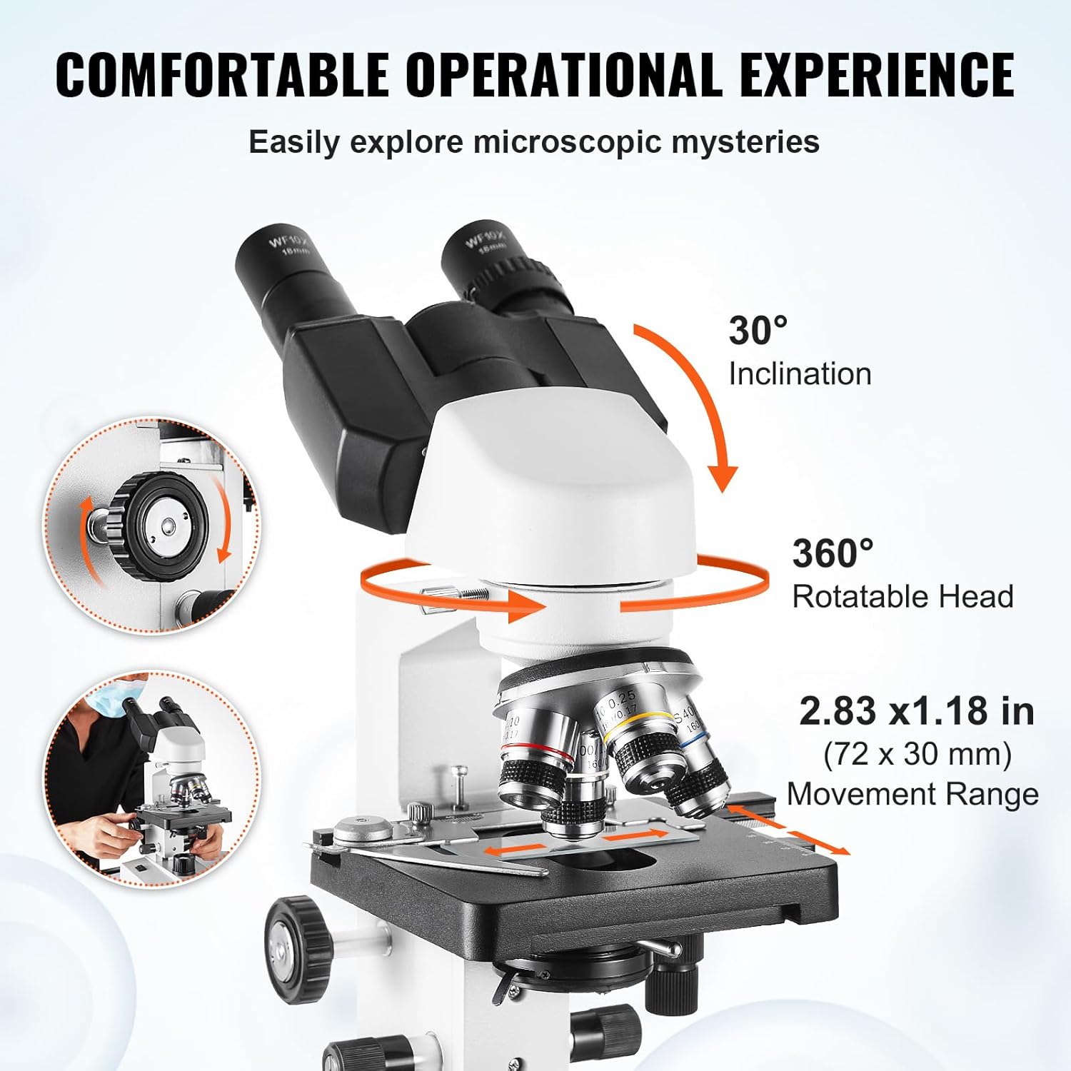 VEVOR Microscopio compuesto binocular, aumento 40X-2500X, microscopio binocular para adultos con iluminación LED, incluye soporte para teléfono y