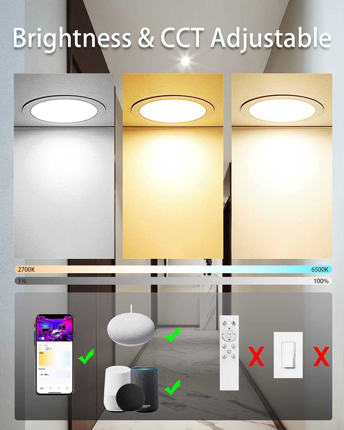 Kaqur – Iluminación empotrable inteligente WiFi de 6 pulgadas, 12 W, 1300 lm, RGBCW, LED inteligente con caja de conexiones, funciona con